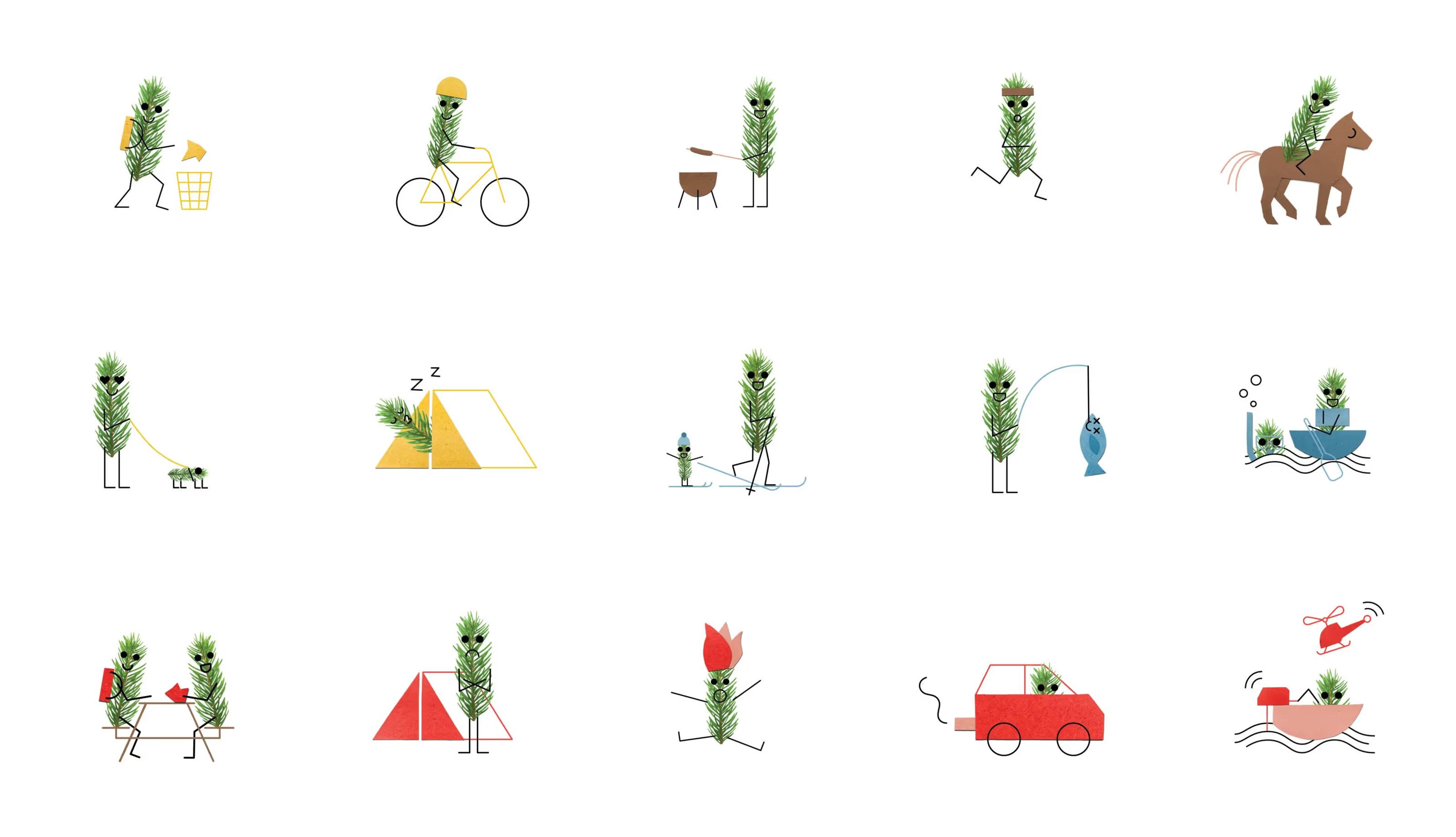 Twelve illustrations of pine twig characters engaged in various activities including trash disposal, biking, grilling, jogging, horseback riding, walking dogs, sleeping in a tent, skiing, fishing, boating, eating at a picnic table, camping, dancing, driving a car, and riding a motorboat.