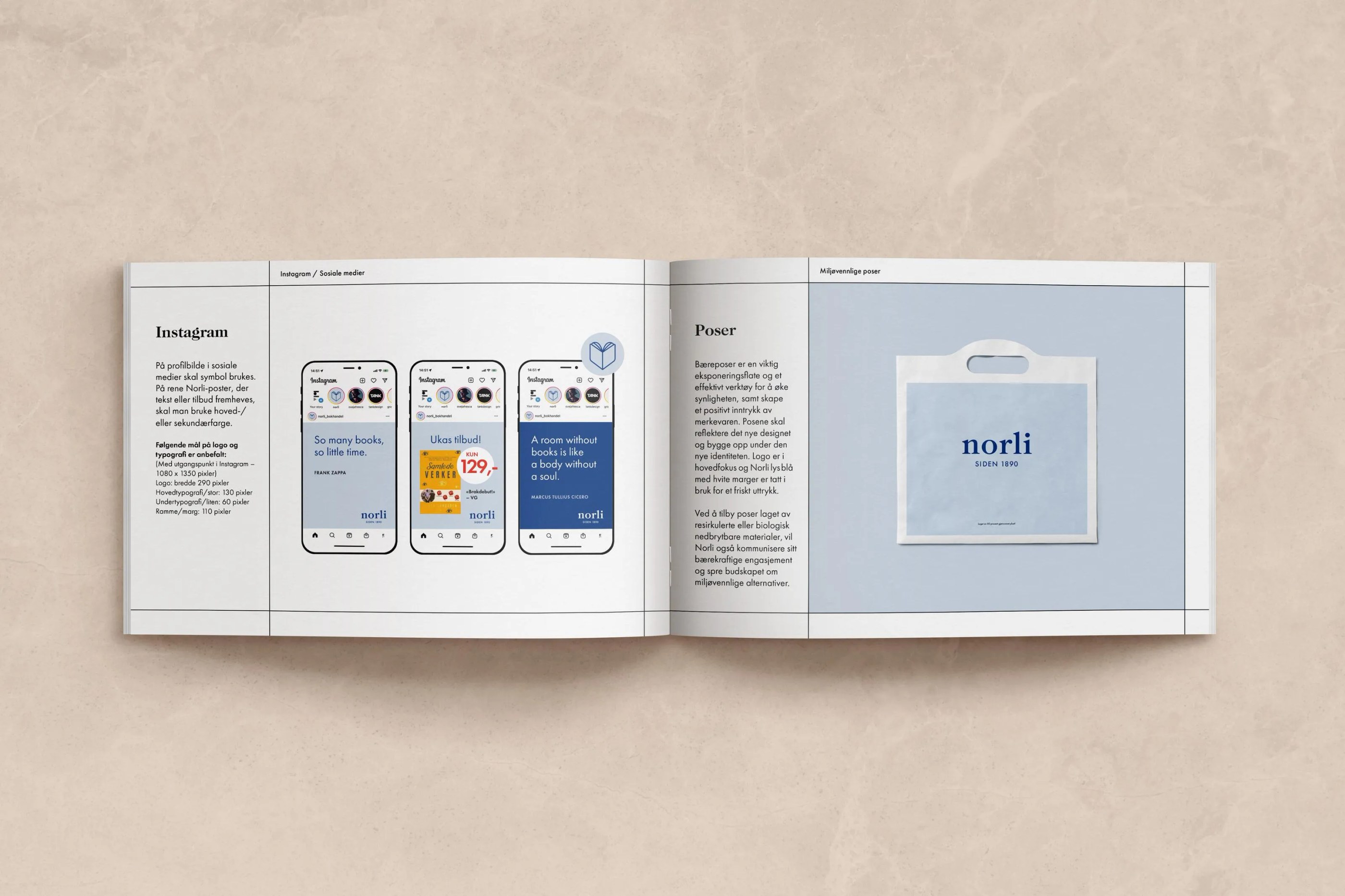 Open design manual showing Instagram post designs on the left and an image of a plastic bag with the Norli logo on the right.