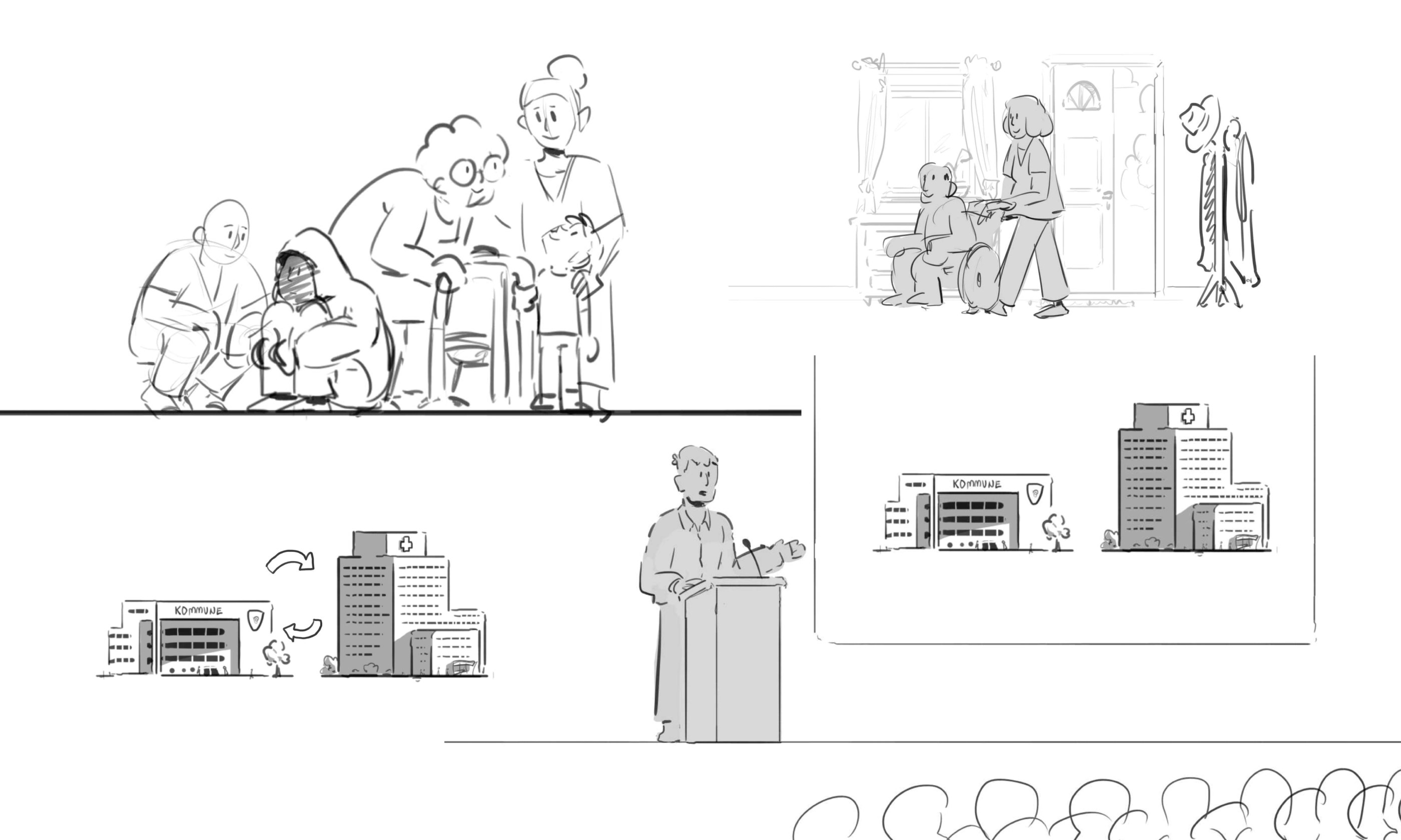 Sketches showing a group of diverse people including an elderly woman with a walker and a caregiver, a person in a wheelchair being assisted at home, two buildings labeled 'Kommune' and a hospital, a man speaking at a podium to an audience.