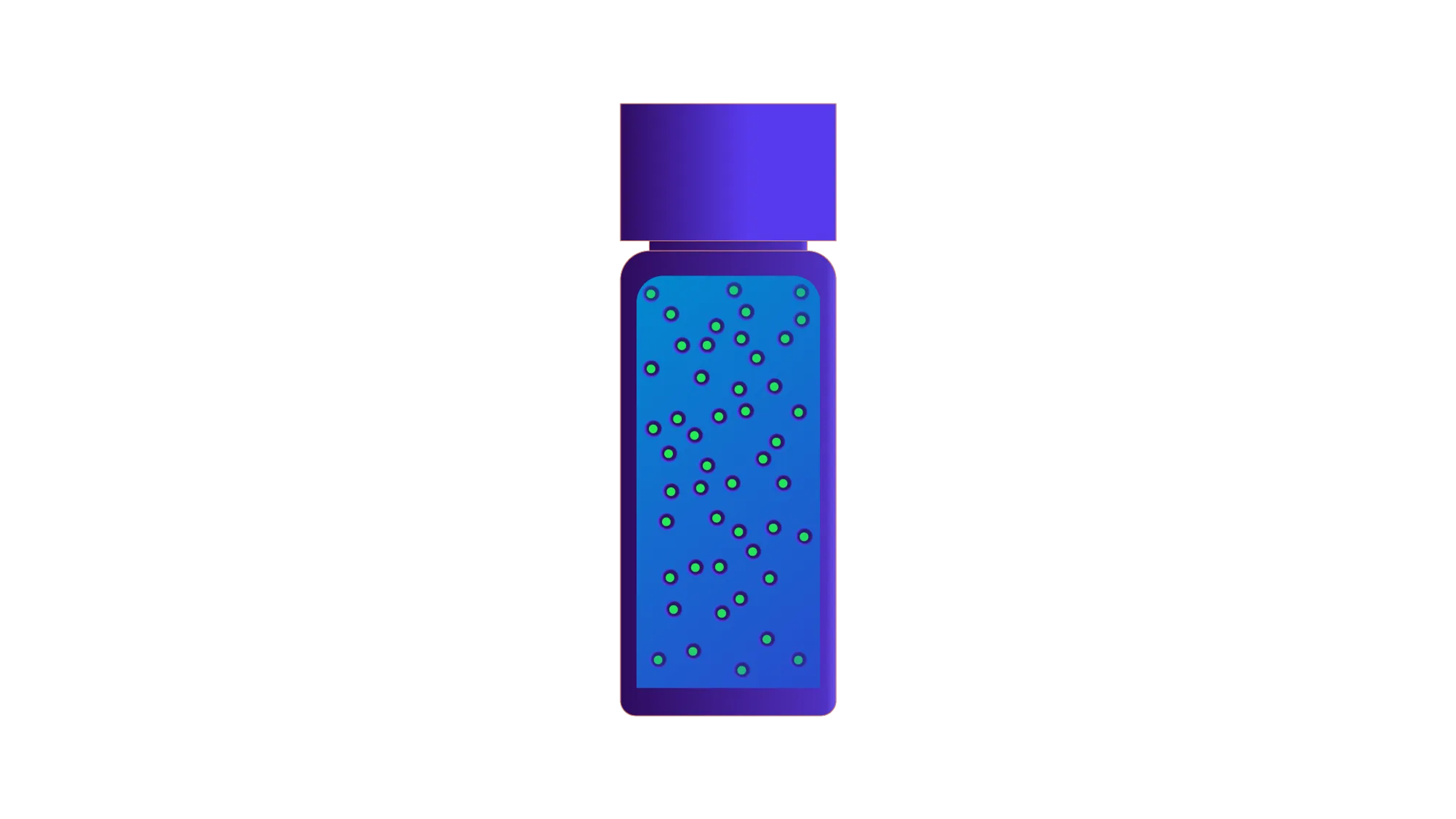 Blue bottle with purple cap containing a blue liquid filled with small green bubbles.