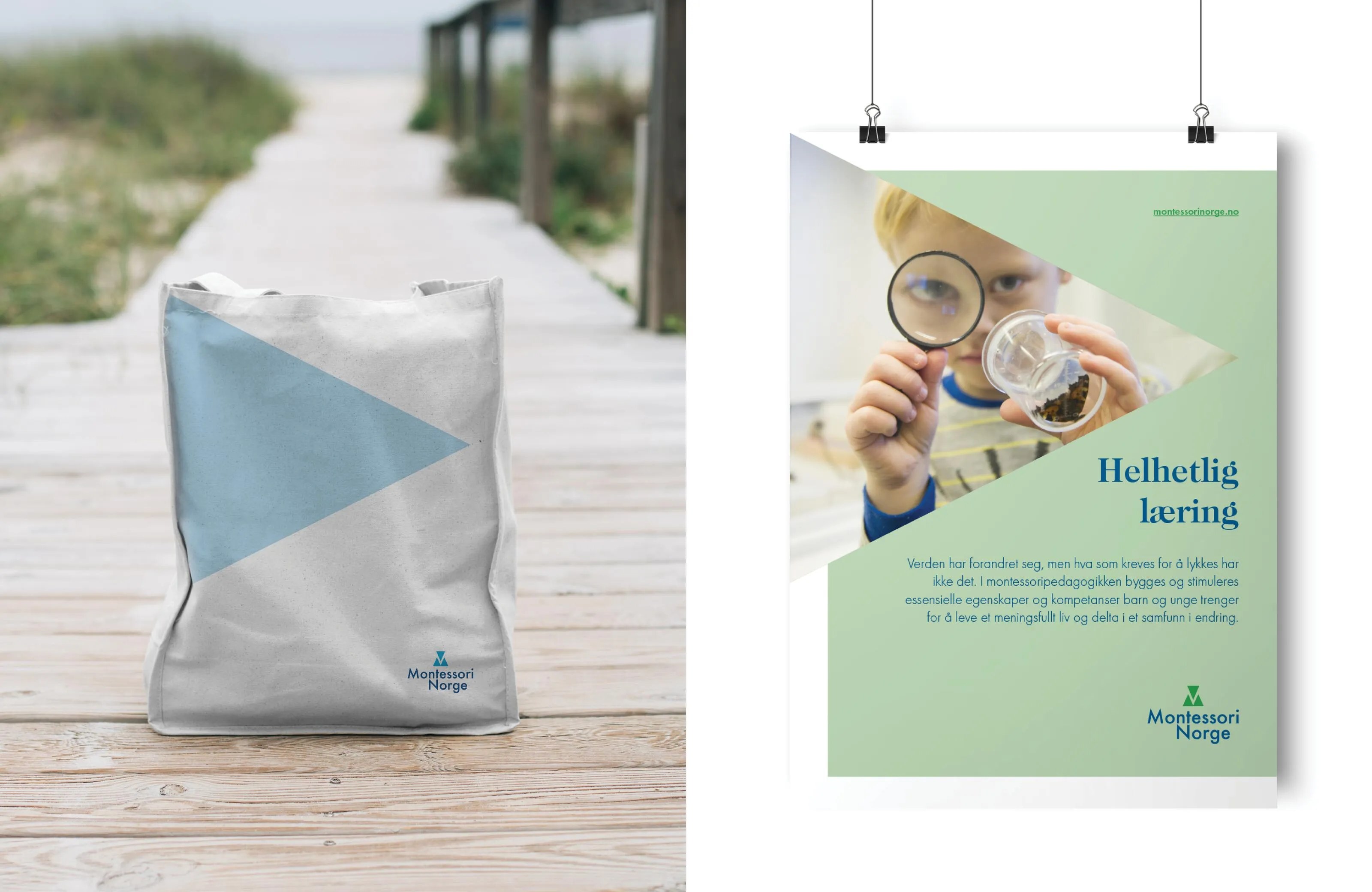 Tote bag with Montessori Norge logo placed on a wooden boardwalk and a Montessori Norge poster showing a child examining insects with a magnifying glass.