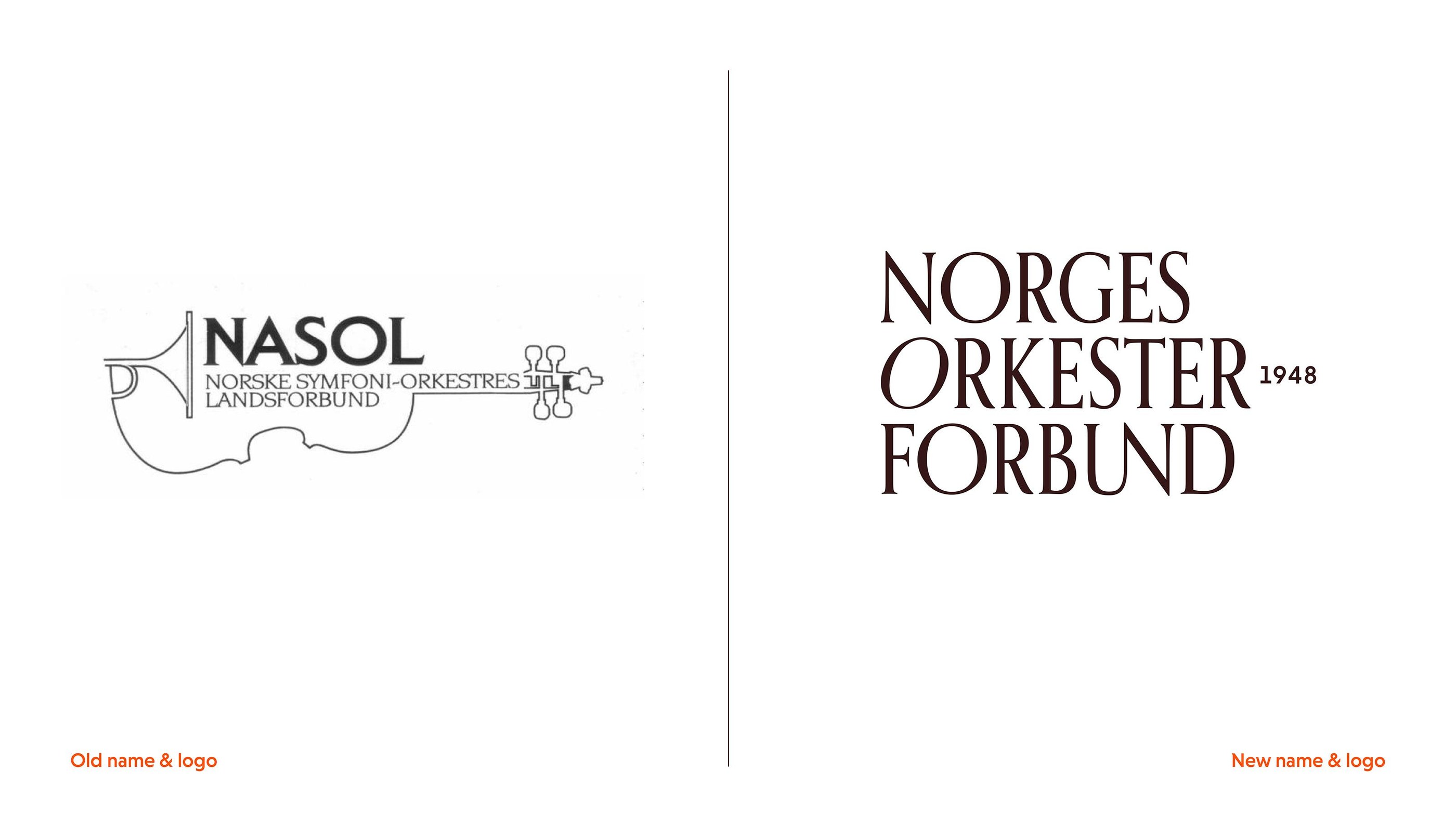 Side-by-side comparison of the former NASOL logo and the new Norges Orkesterforbund wordmark.
