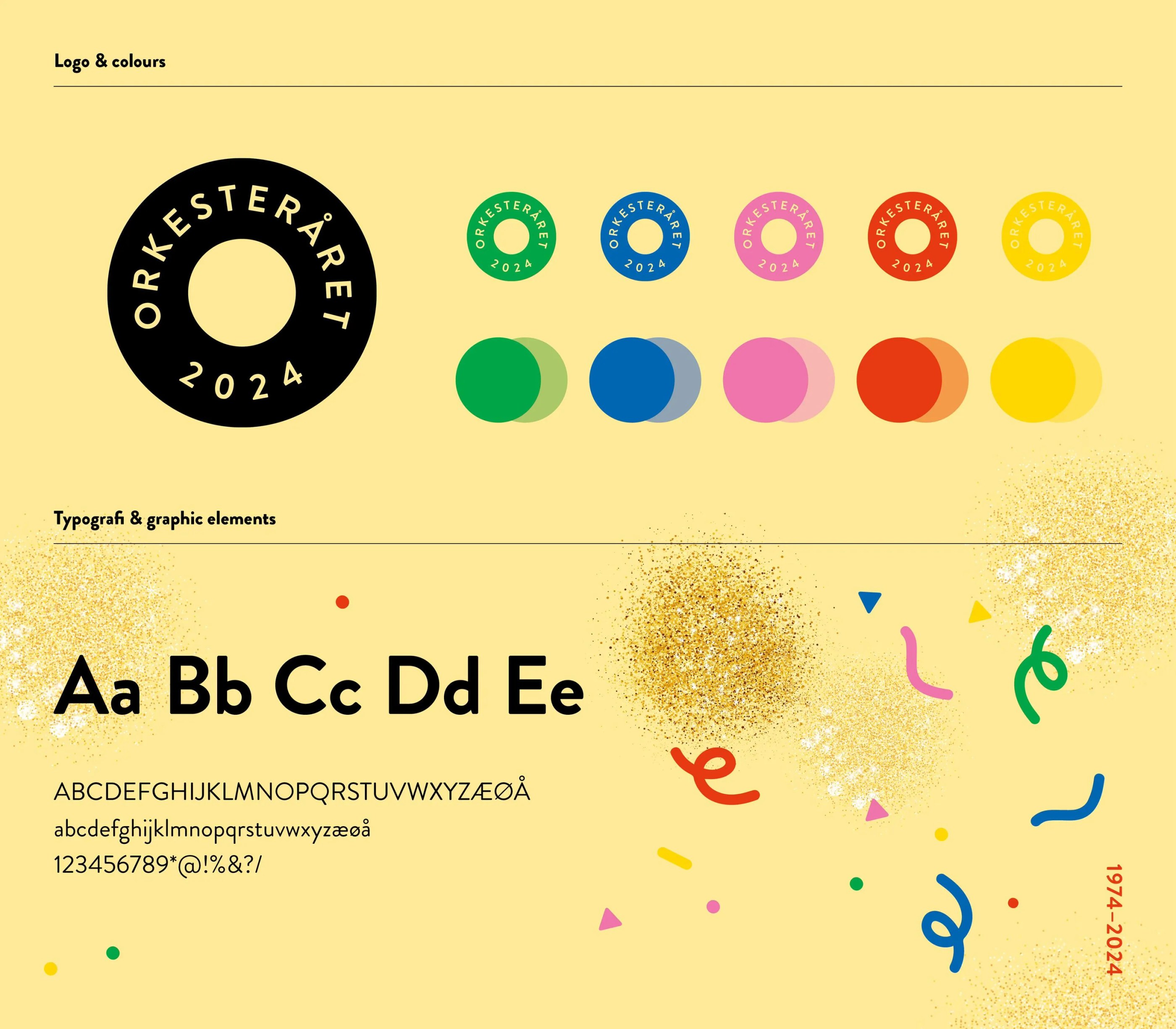 Orkesteråret 2024 brand sheet showing circular logo variations in multiple colours, supporting colour palette swatches, type specimen, and confetti-inspired graphic elements.