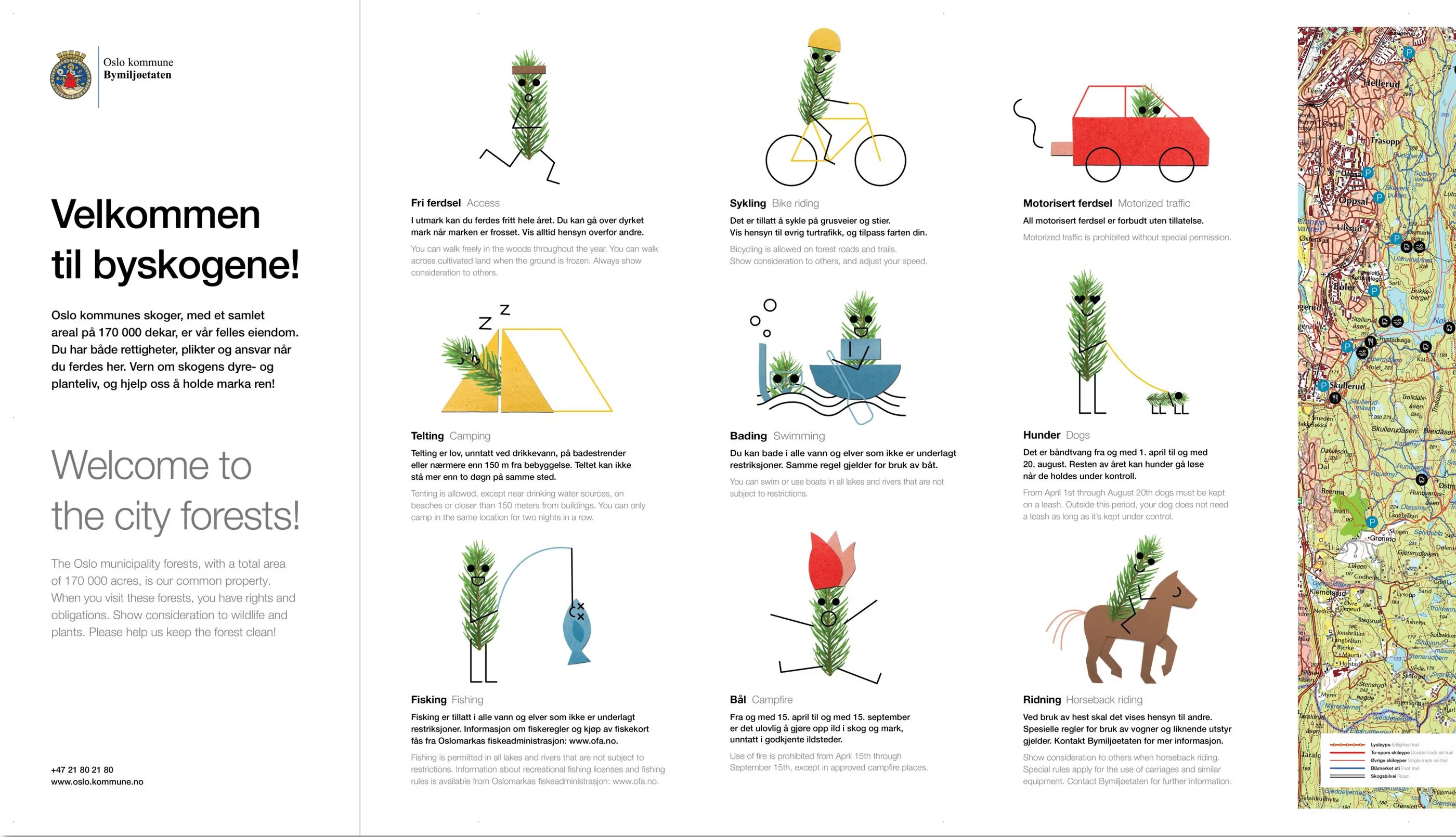 Informational poster from Oslo kommune about city forest rules showing illustrated pine tree characters demonstrating activities: walking, cycling, motorized traffic prohibited, camping, swimming, dogs on leash, fishing, campfires prohibited, and horseback riding, alongside a forest map.