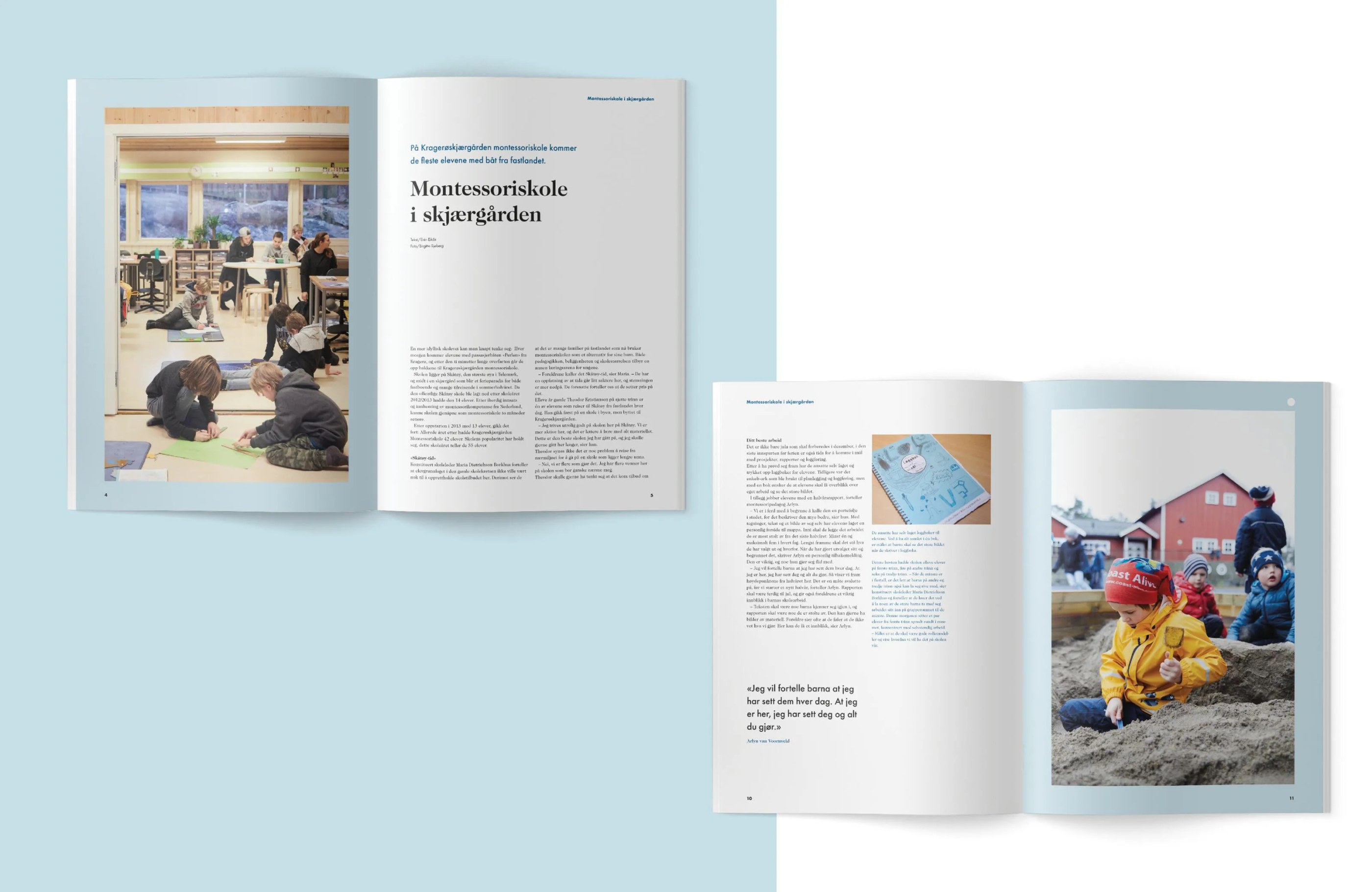 Open magazine spread featuring Montessori school articles with images of children studying indoors and playing outdoors in sand.