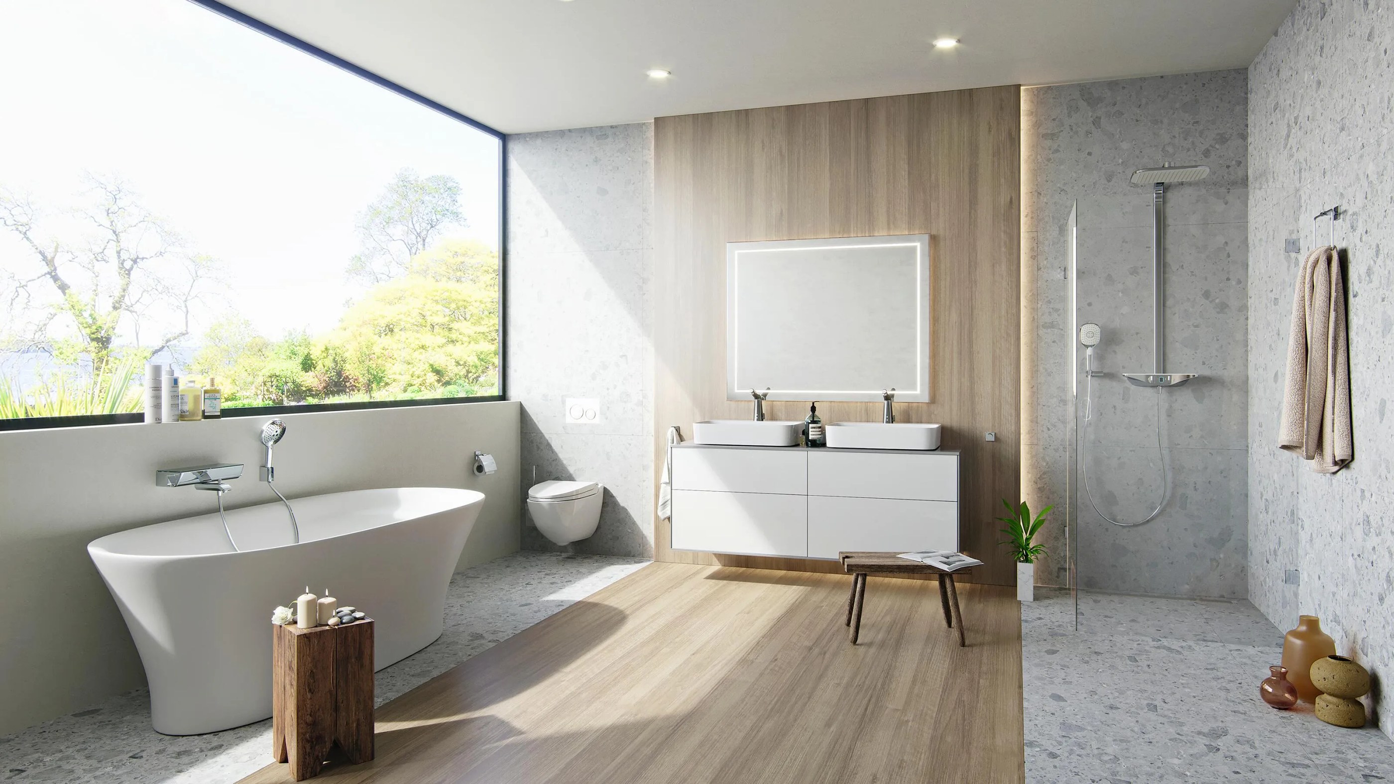 Bright Nordic bathroom featuring Alterna white vanity unit with light wood drawers, white ceramic basin, chrome mixer taps, grey stone wall tiles, and potted green plant on windowsill with natural sunlight.