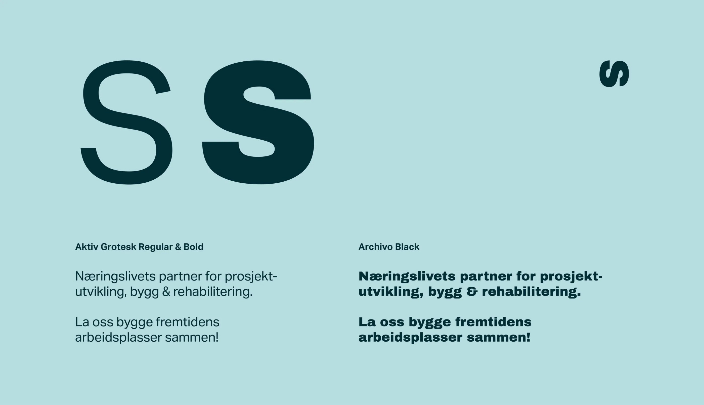 Typography example showing large letters 'S S s' and text samples in Aktiv Grotesk Regular & Bold and Archivo Black fonts in Norwegian about business partnership in project development, construction, and rehabilitation.