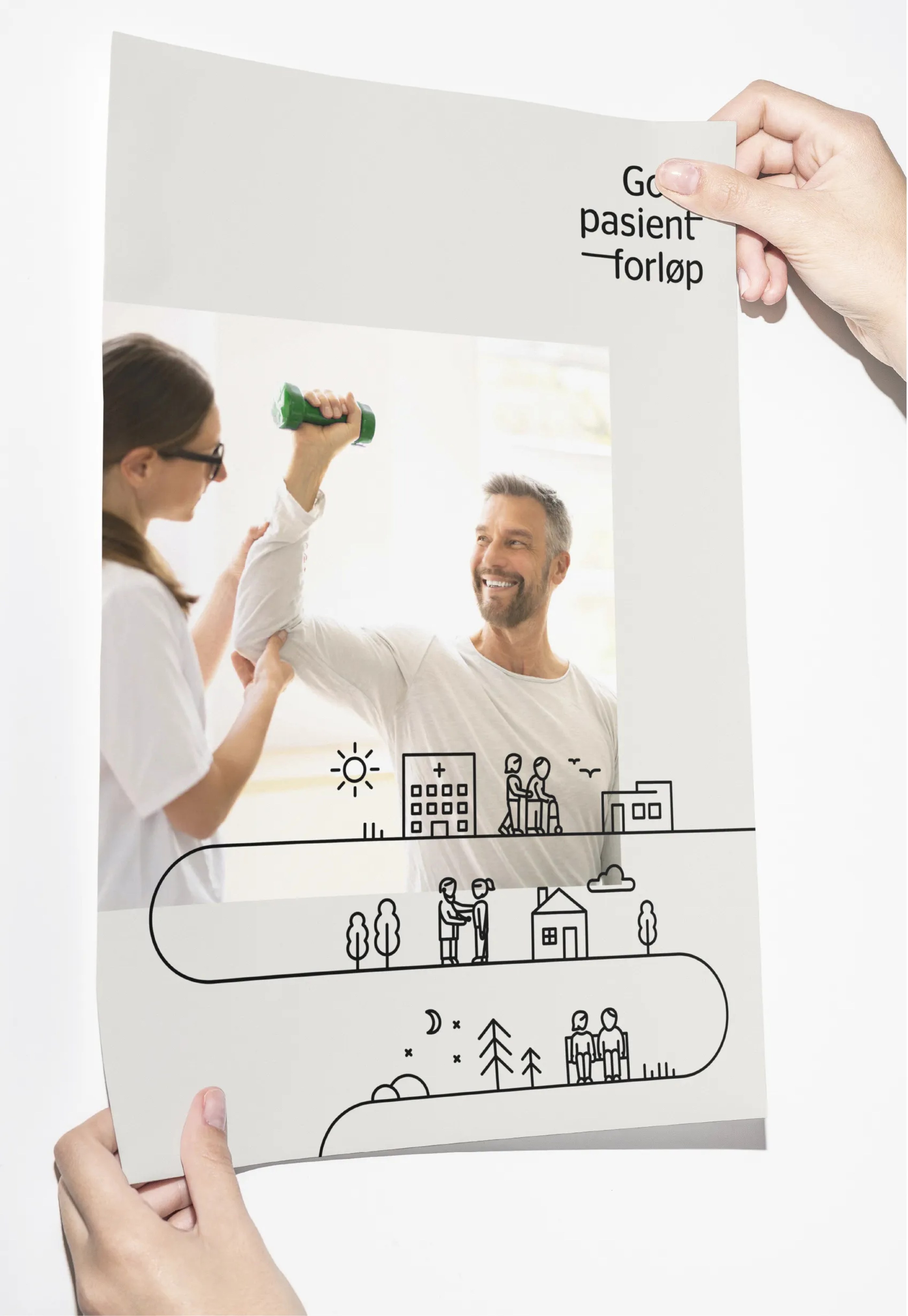 Photograph of a hands holding a poster showing a therapist assisting a man lifting a green dumbbell, with simple line drawings depicting patient care stages under the photo.