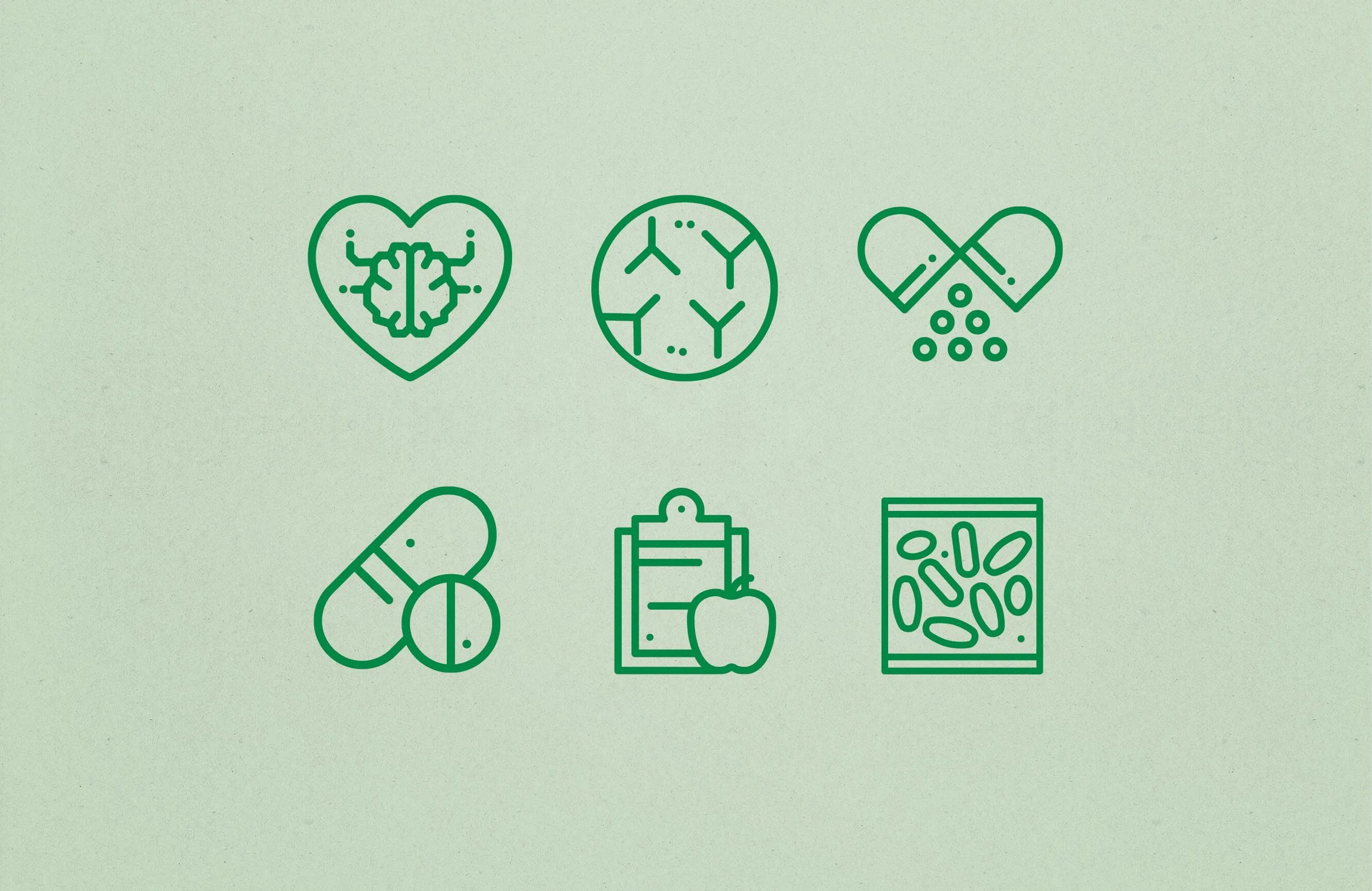 Six green line icons on a light green background representing brain health, antibodies, capsules with pellets, pills, a clipboard with an apple, and bacteria or probiotics.