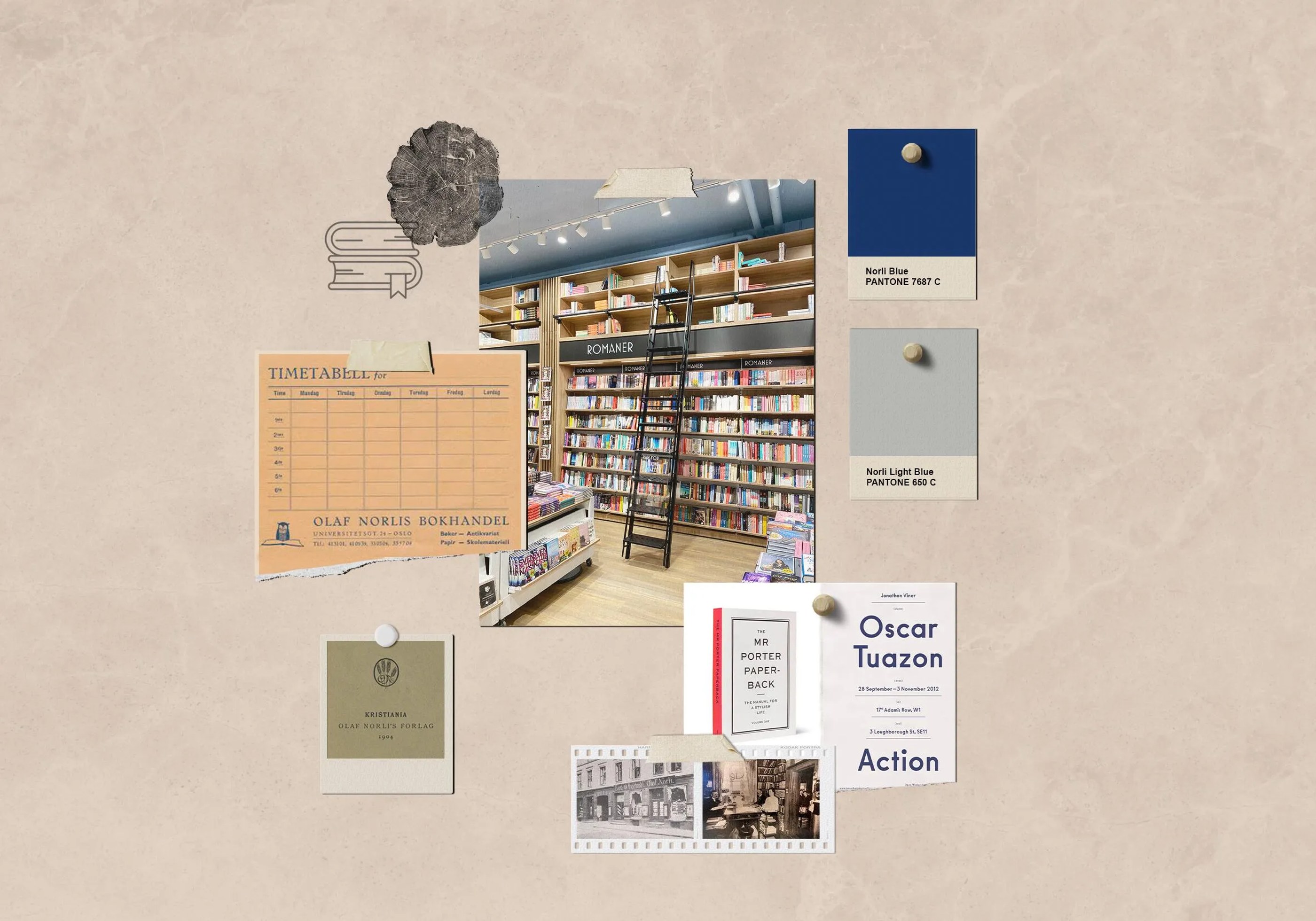 Moodboard collage featuring a photo of a bookstore interior with tall bookshelves and a ladder, Pantone colour swatches in blue tones, a vintage timetable from Olaf Norlis Bokhandel, a small green label, a promotional flyer, and vintage black-and-white photos.