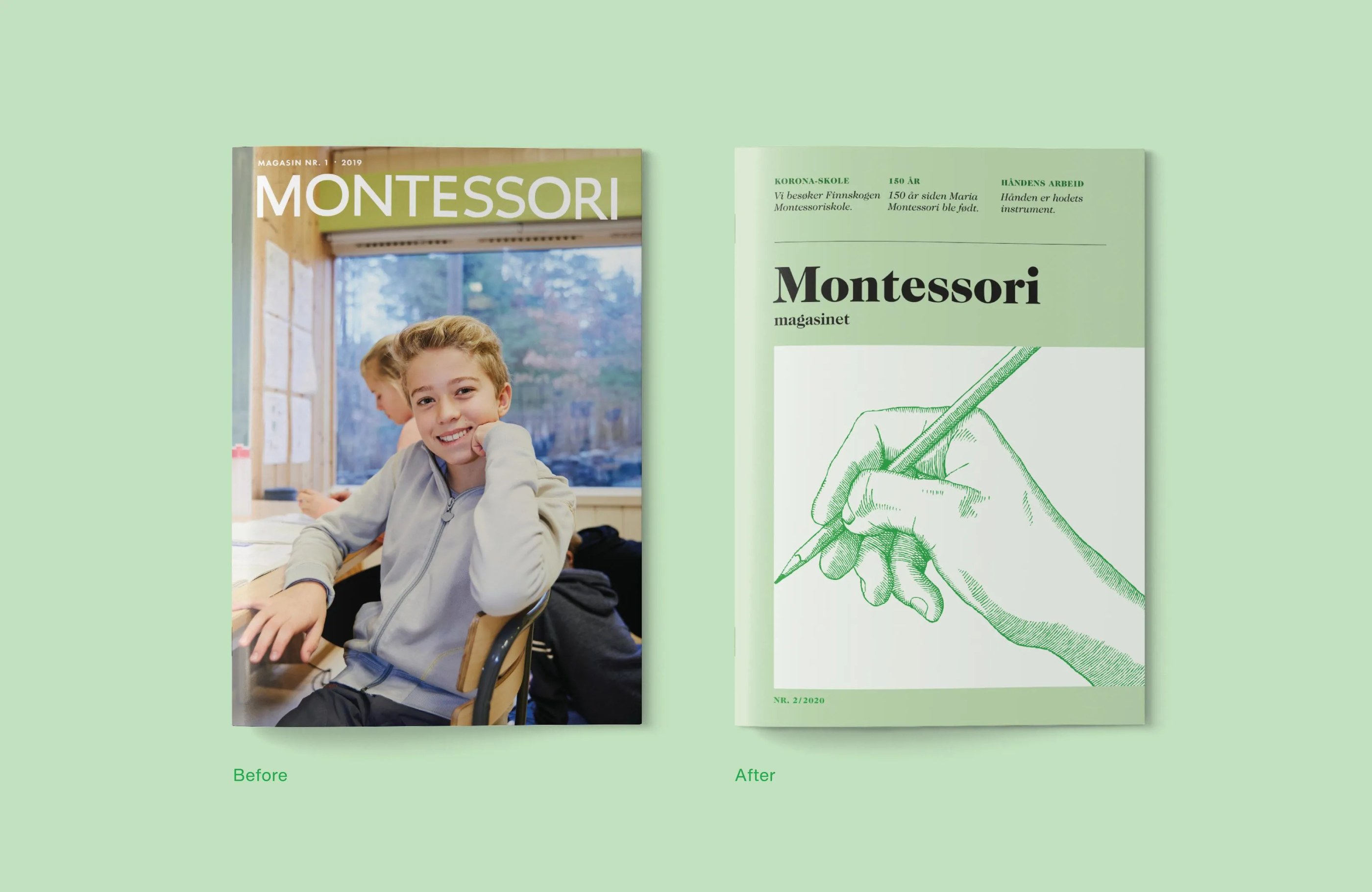 Side-by-side comparison of two Montessori magazine covers, one with a boy smiling in a classroom and the other with a green-toned drawing of a hand holding a pencil.