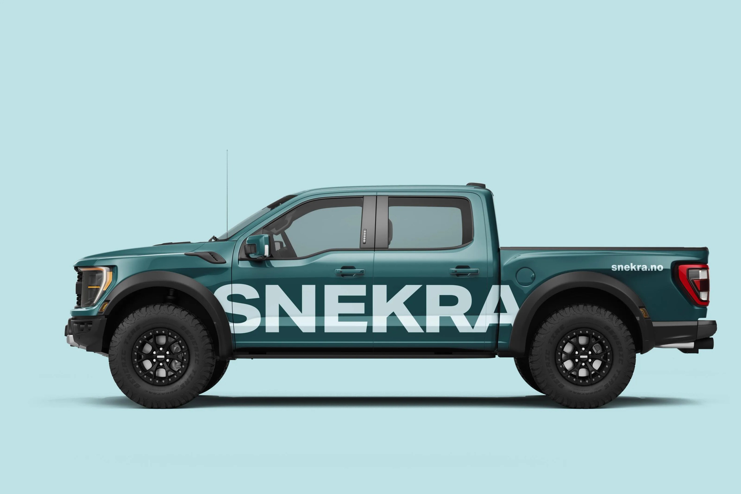 Teal pickup truck with black wheels and large white SNEKRA logo on the side, displayed on a light blue background.