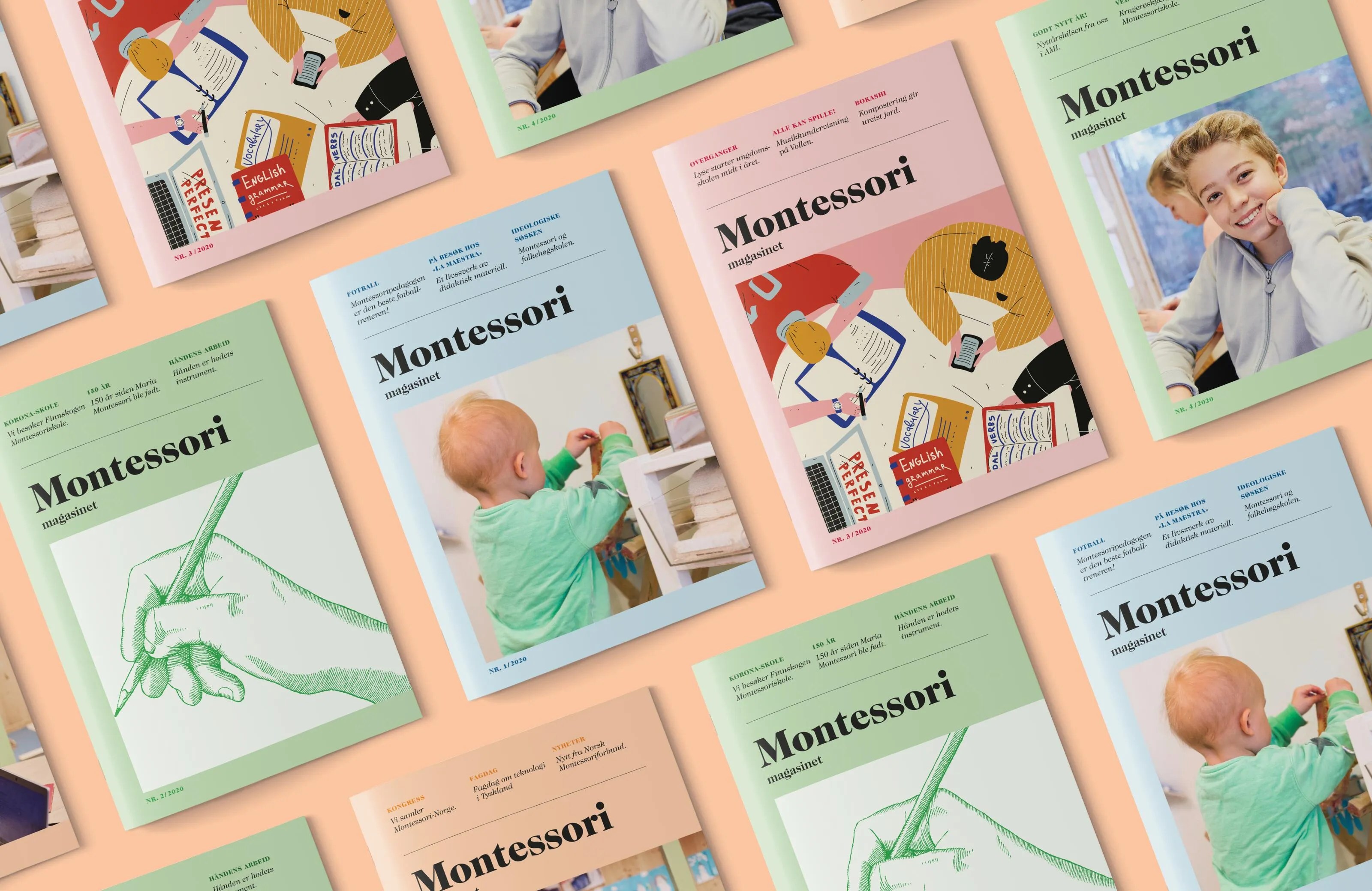 Various editions of Montessori magazine featuring covers with children, illustrations, and educational themes.