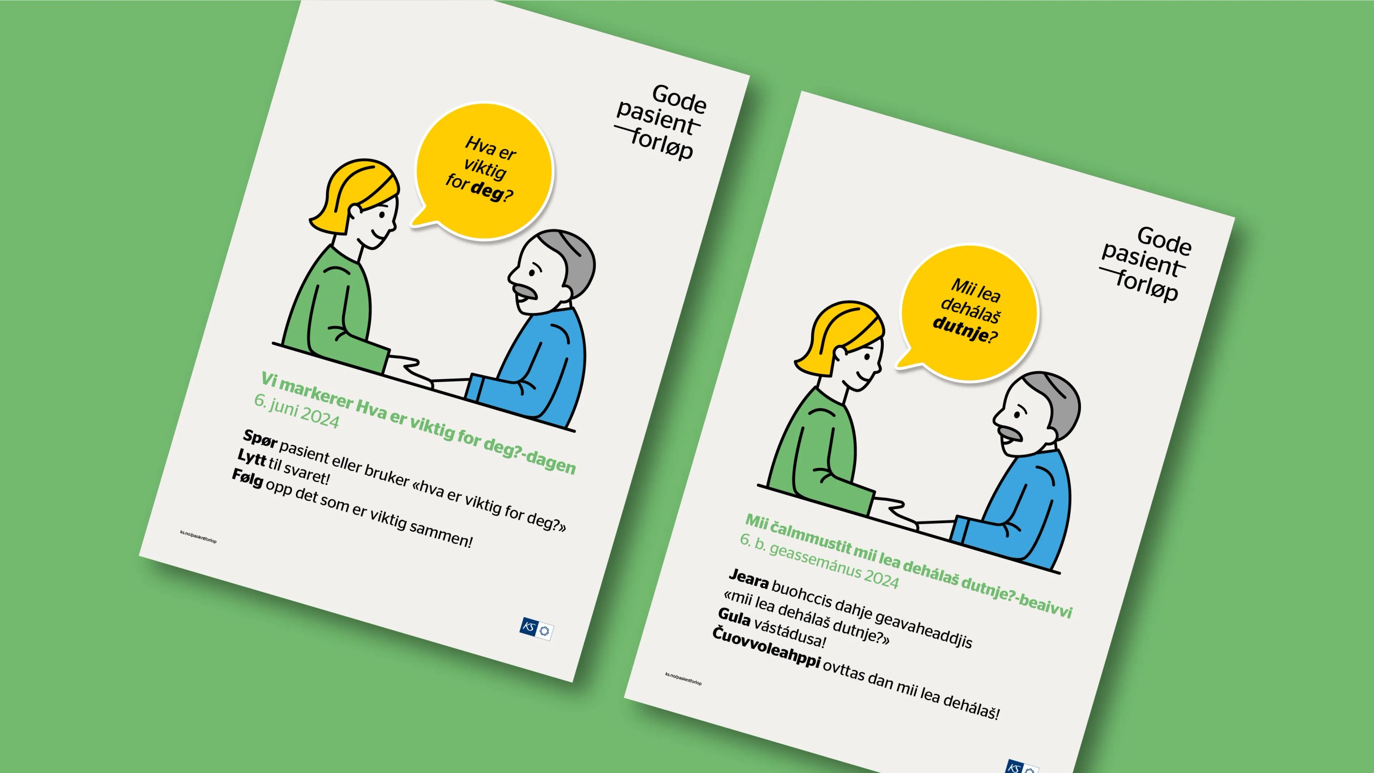 Two flyers side by side on a green background showing an illustration of a woman and a man talking with speech bubbles containing Norwegian text about patient care.