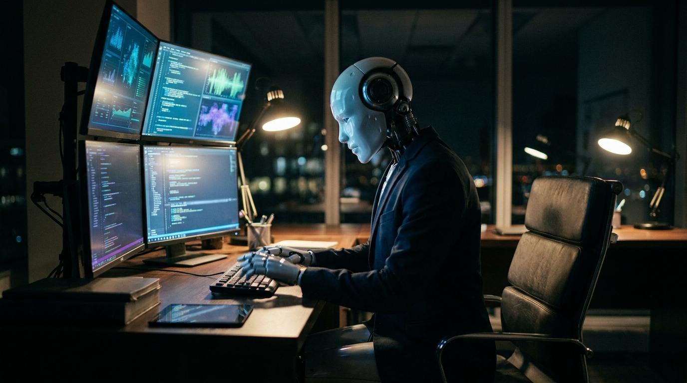 Humanoid robot in a suit working at a night desk with four monitors