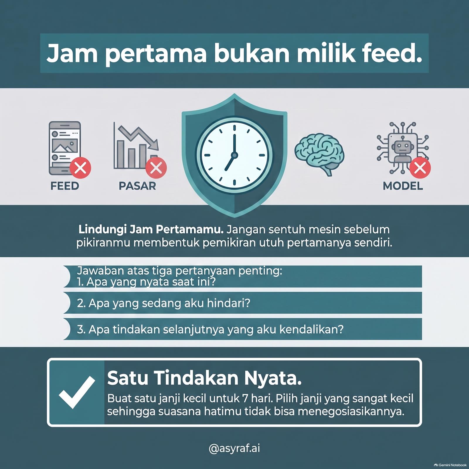 Infografis Jam pertama bukan milik feed: lindungi jam pertama, tiga baris (apa yang benar saat ini), satu tindakan 7 hari.