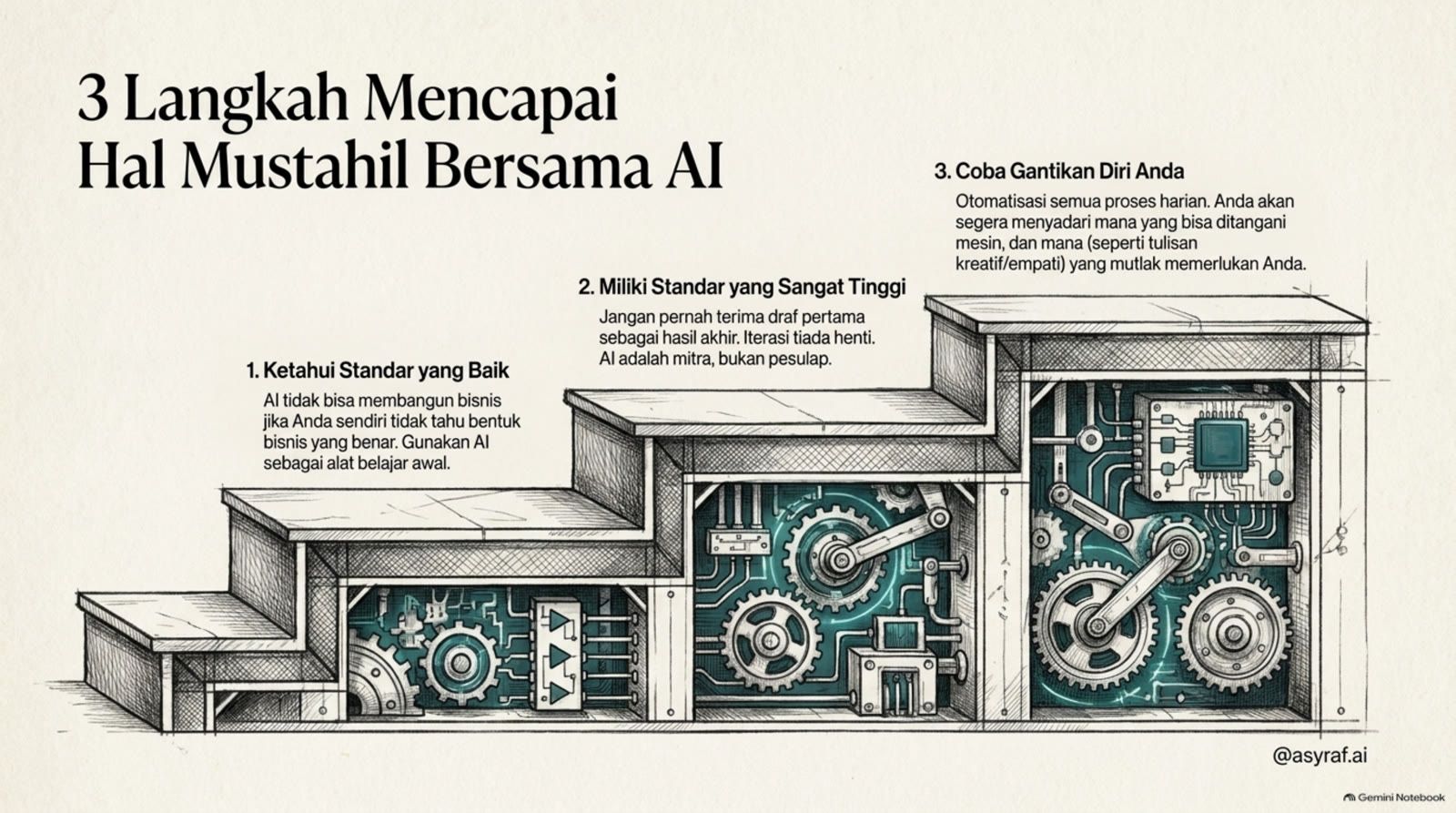 3 langkah mengerjakan yang mustahil dengan AI: tahu standar, standar absurd, coba ganti dirimu.