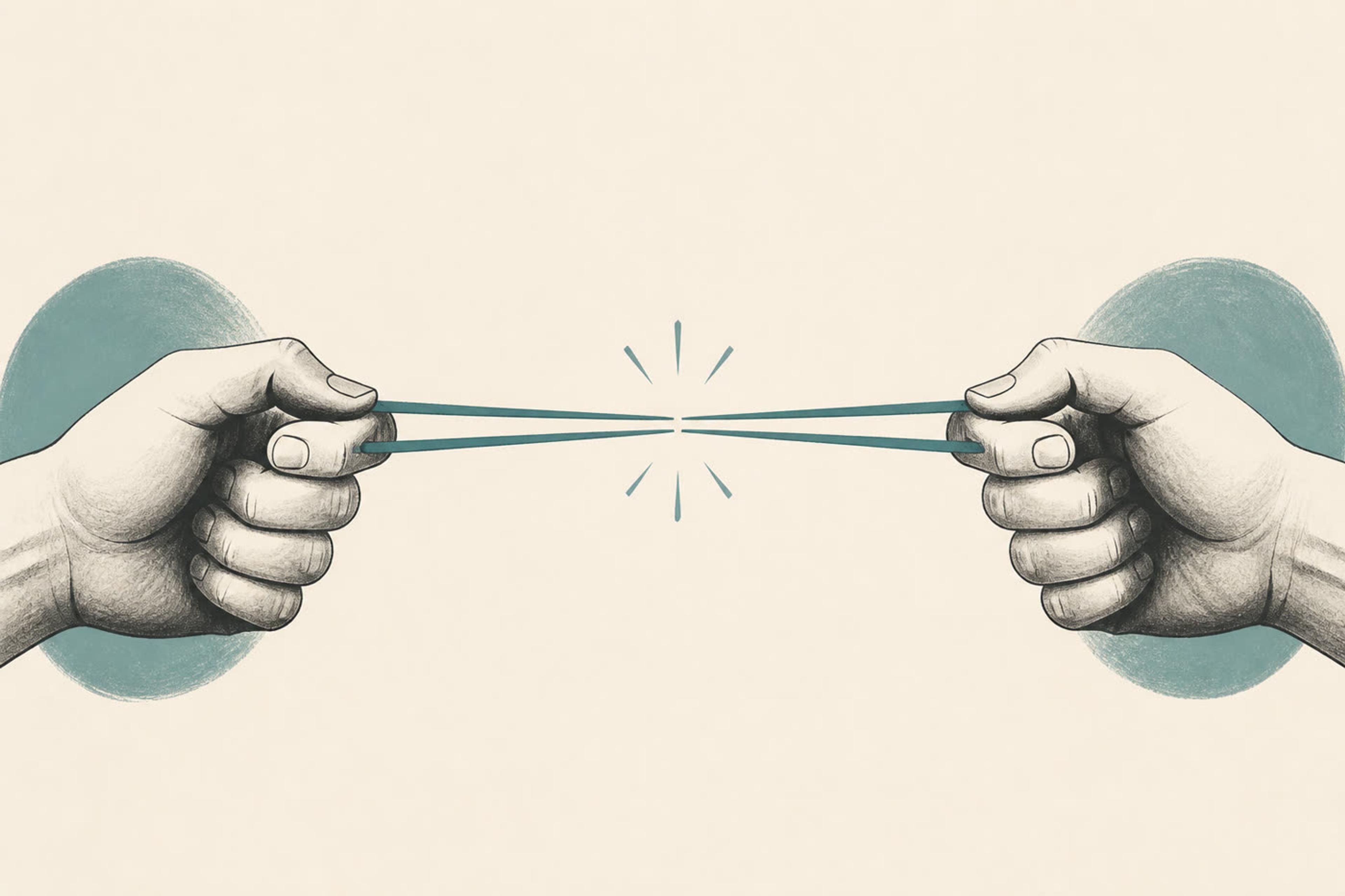Karet gelang ditarik hampir putus — metafora override vs default