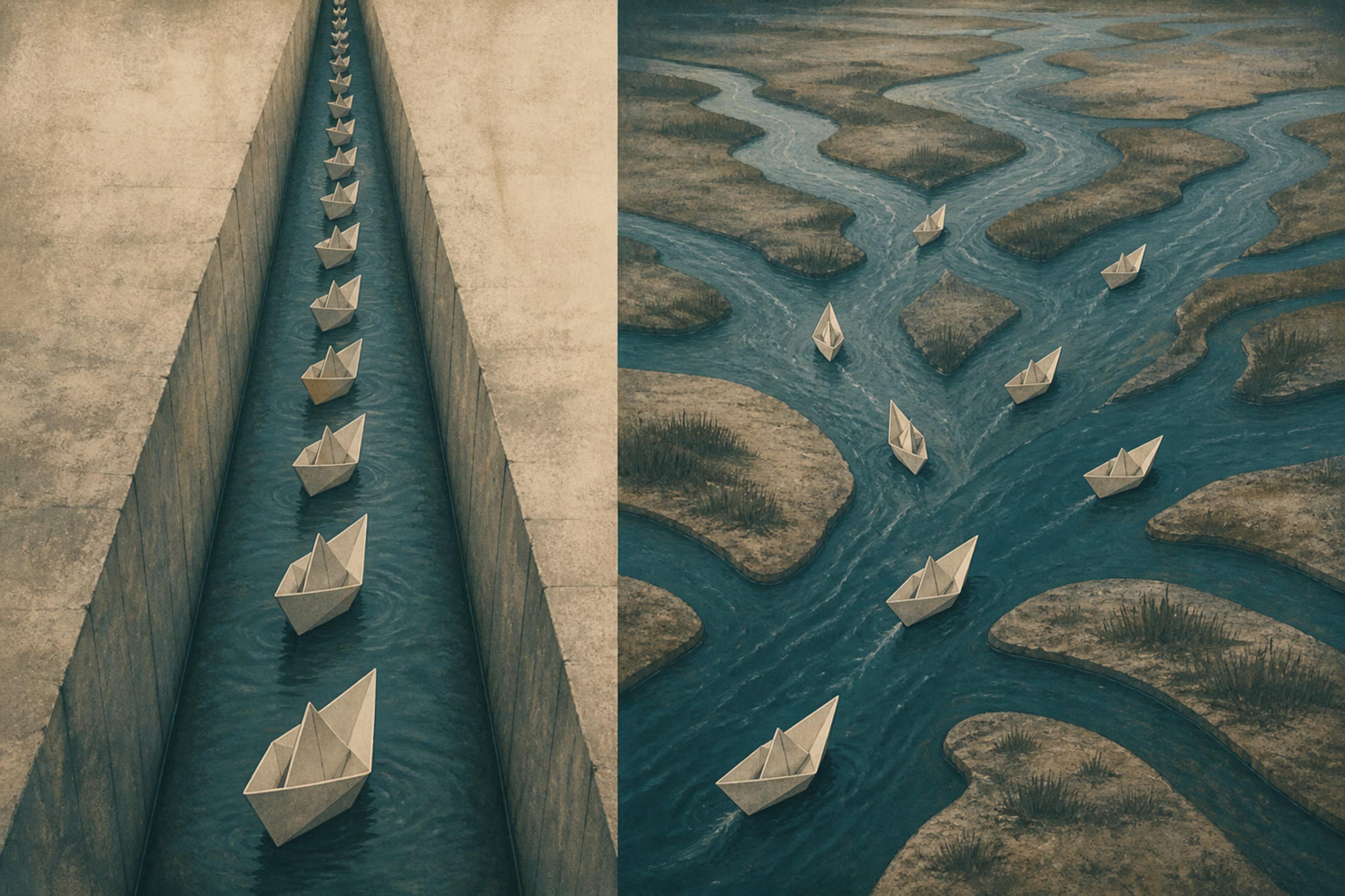 Kanal antri satu file vs delta perahu kertas yang bercabang — garis vs graf.