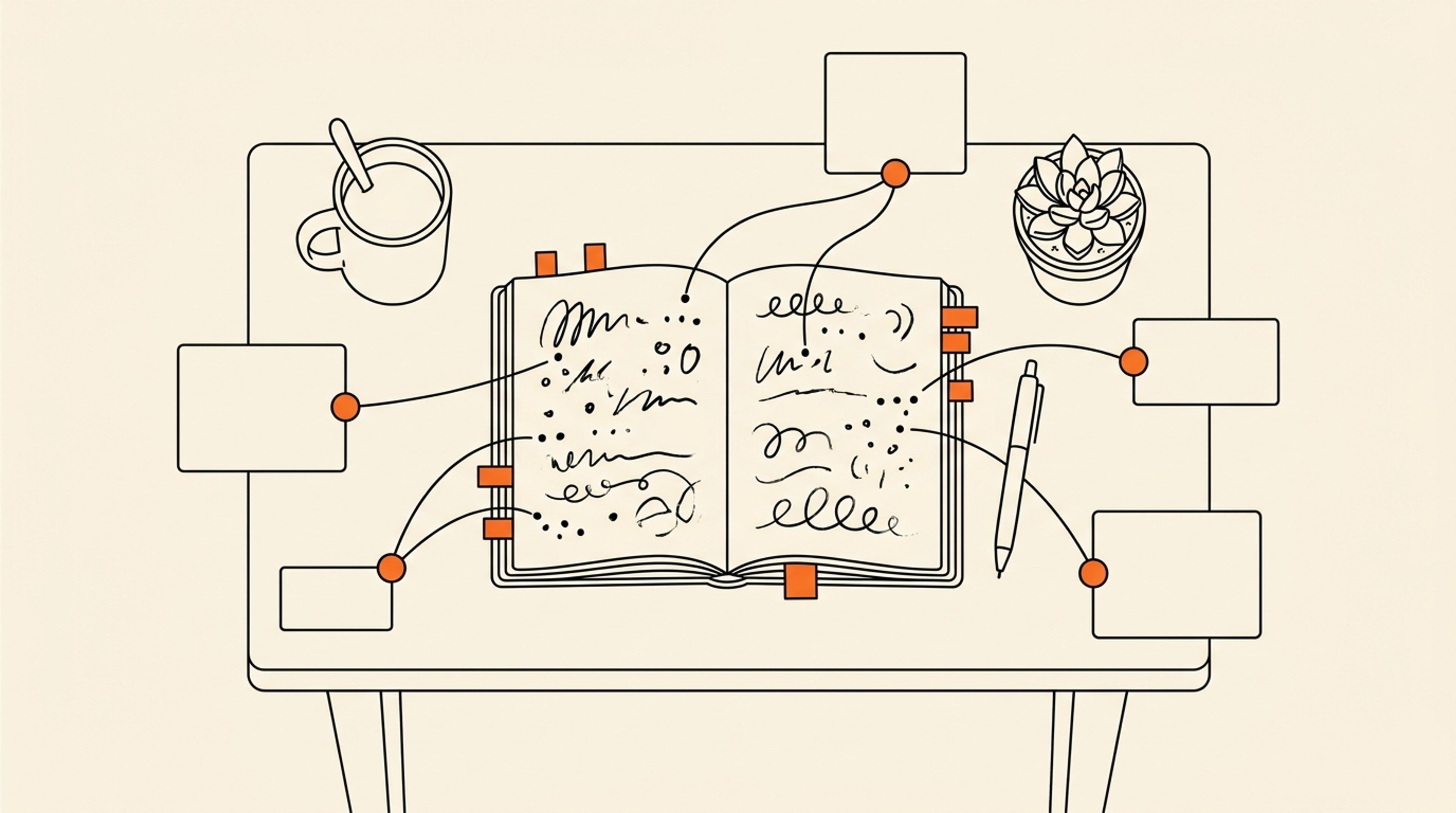 Ilustrasi meja kerja dari atas: buku catatan terbuka dengan tab bookmark oranye, terhubung ke kartu-kartu yang membentuk graf pengetahuan