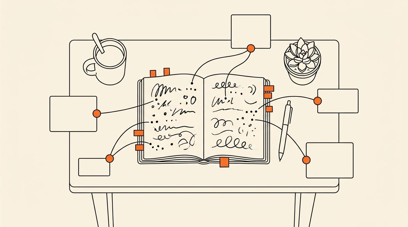 Ilustrasi meja kerja dari atas: buku catatan terbuka dengan tab bookmark oranye, terhubung ke kartu-kartu yang membentuk graf pengetahuan