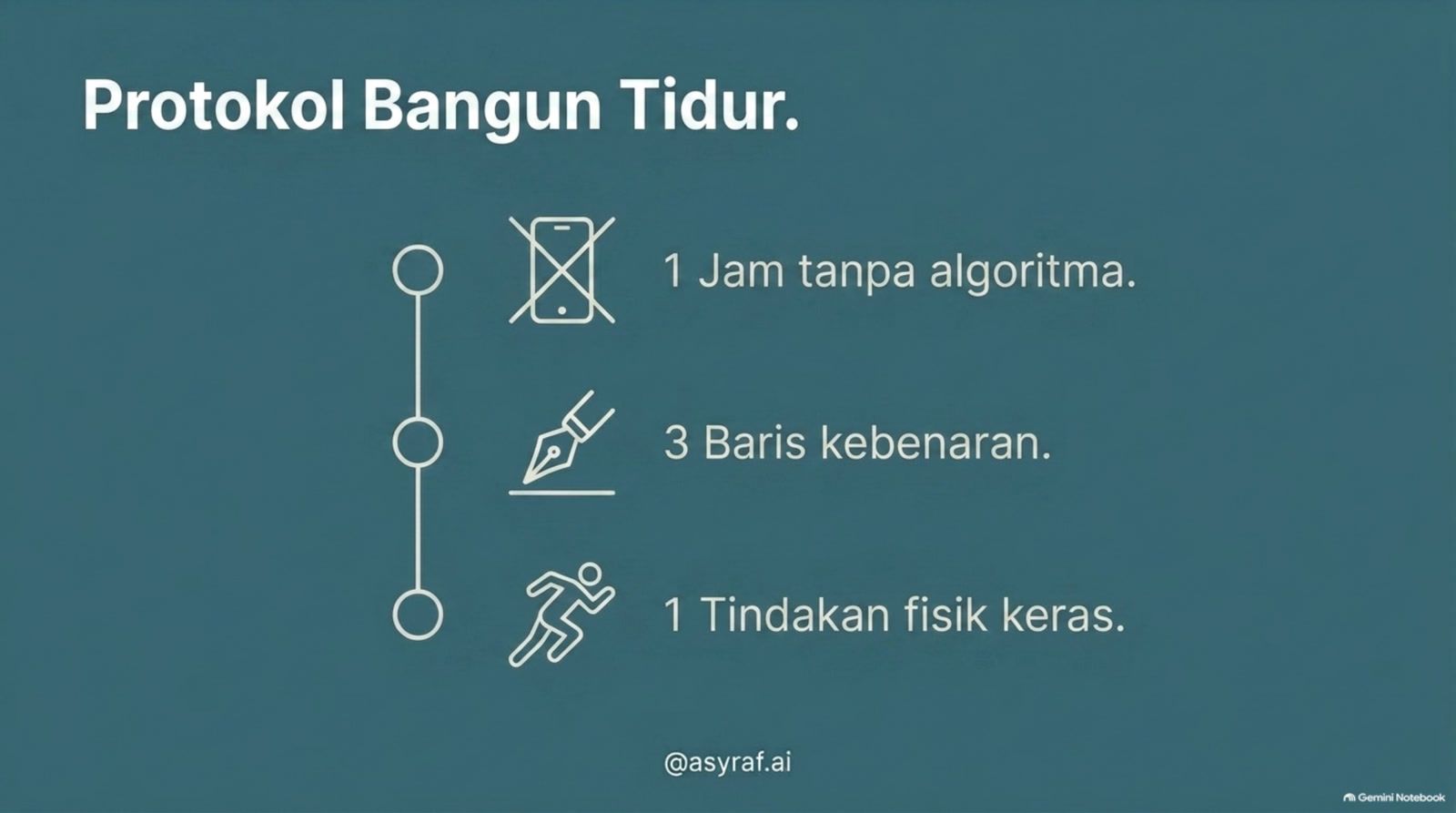 Satu jam tanpa algoritma. Tiga baris: apa yang benar saat ini, apa yang dihindari, tindakan berikutnya. Satu tindakan.
