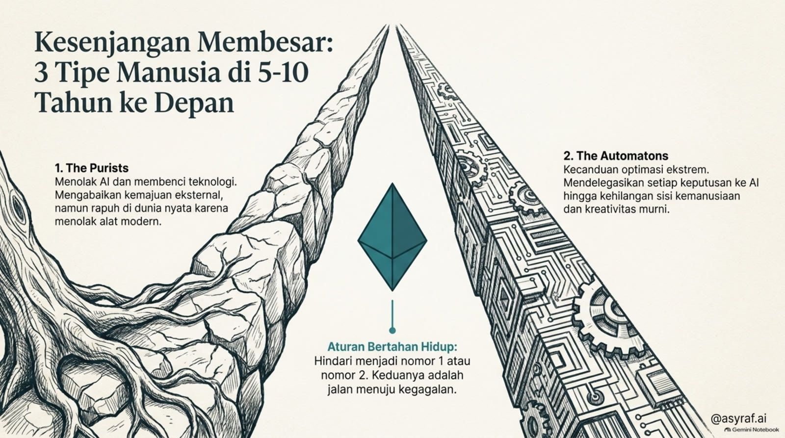 Kesenjangan membesar: 3 tipe manusia di 5-10 tahun ke depan — Purists, Automatons, dan opsi ketiga.