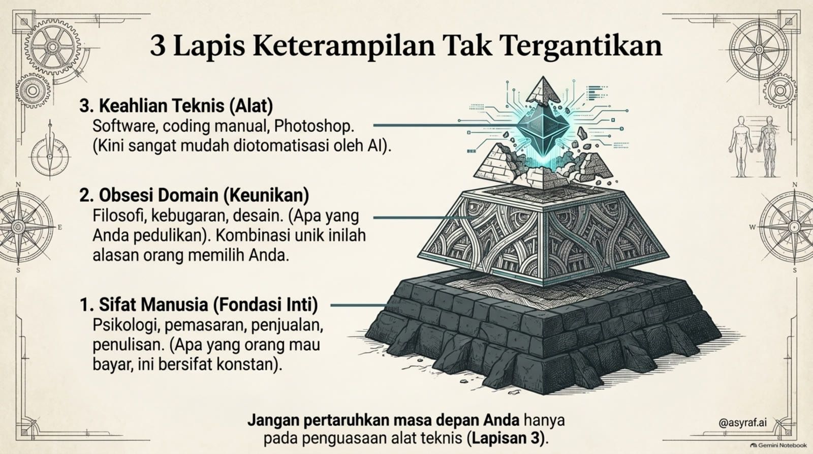 3 lapis skill stack yang susah diganti: sifat manusia, obsesi domain, skill teknis.