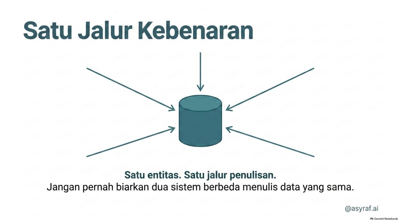Satu jalur kebenaran: satu entitas, satu jalur penulisan.
