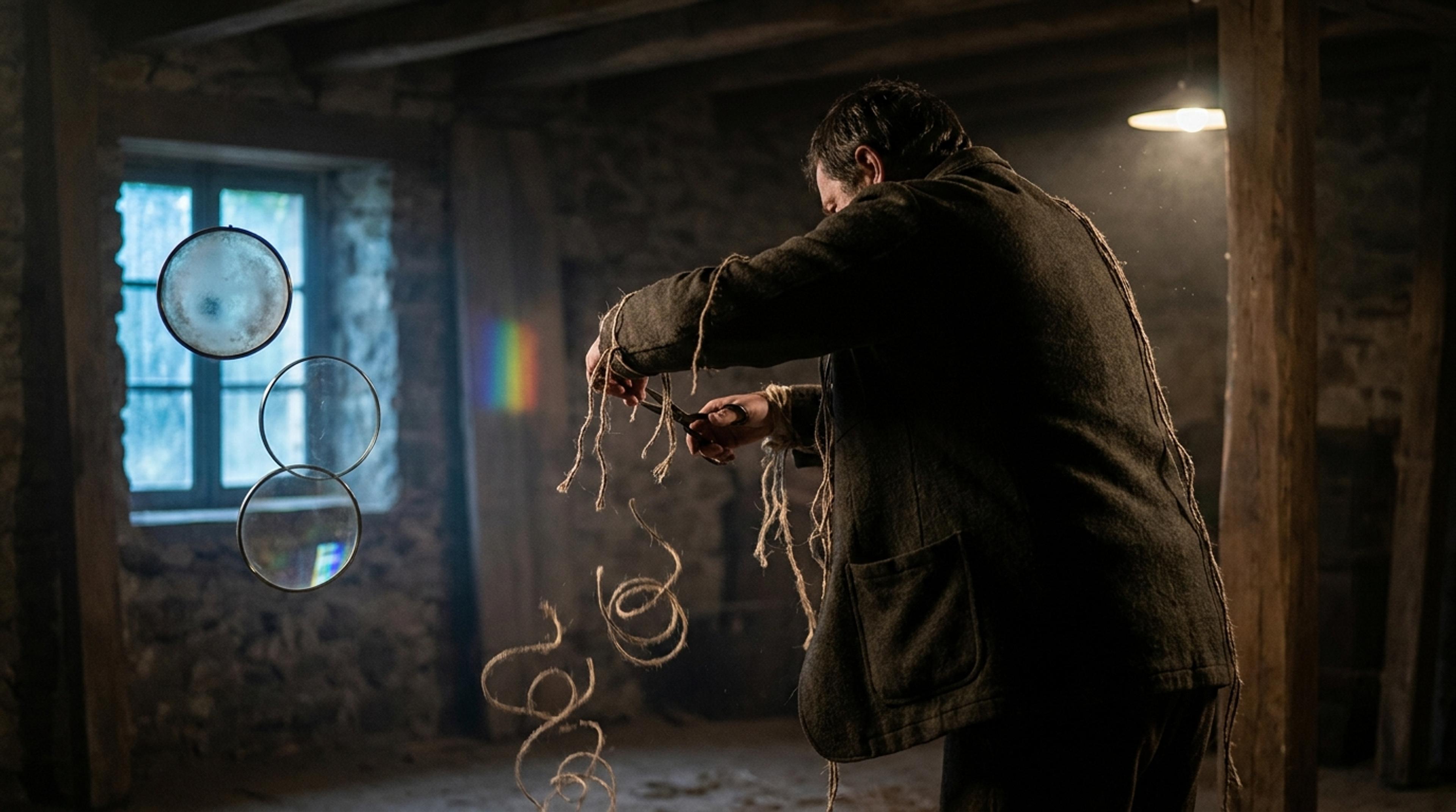 Someone cutting marionette strings beside three floating lenses