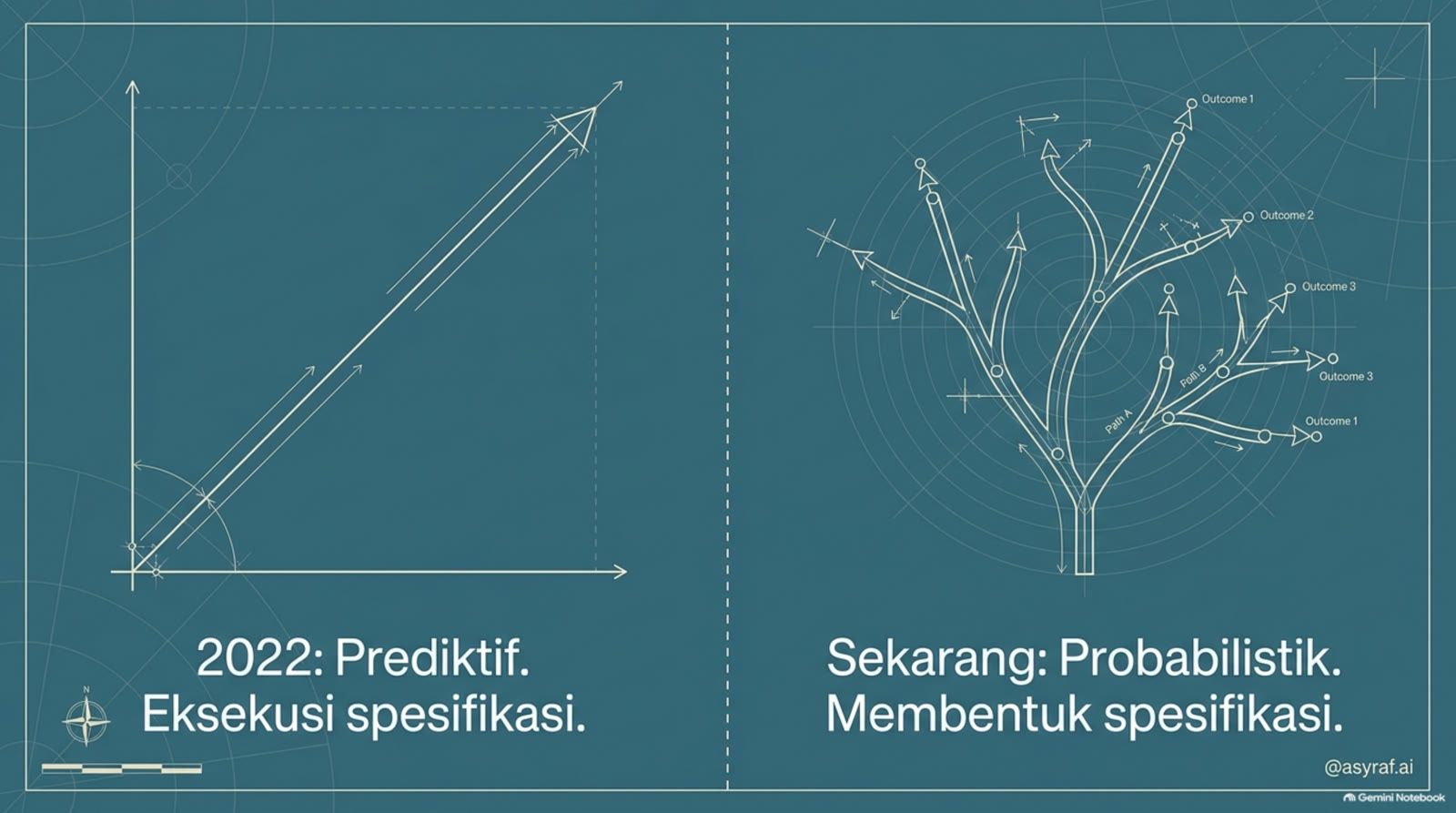 2022: prediktif, eksekusi spesifikasi. Sekarang: probabilistik, membentuk spesifikasi.
