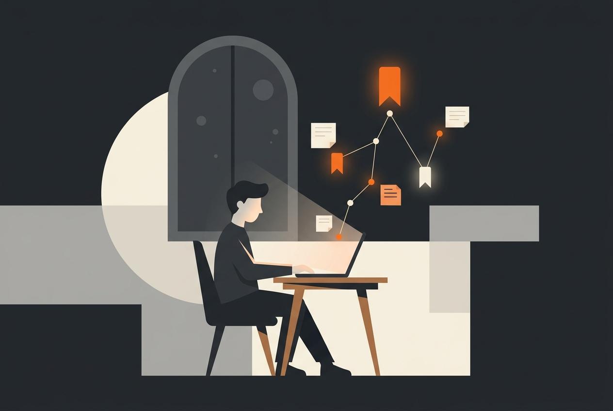 Ilustrasi seseorang bekerja di meja pada malam hari, dengan kartu catatan bercahaya yang naik dari layar laptop dan saling terhubung membentuk graf pengetahuan