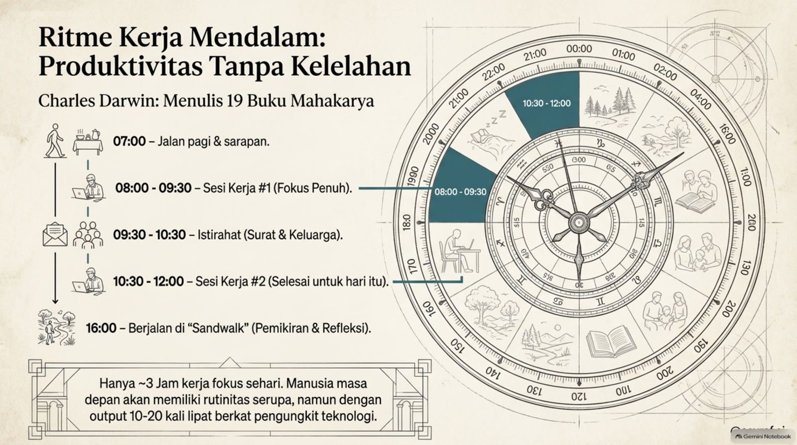 Charles Darwin menulis 19 buku dengan kira-kira 3 jam fokus kreatif per hari di dua sesi.