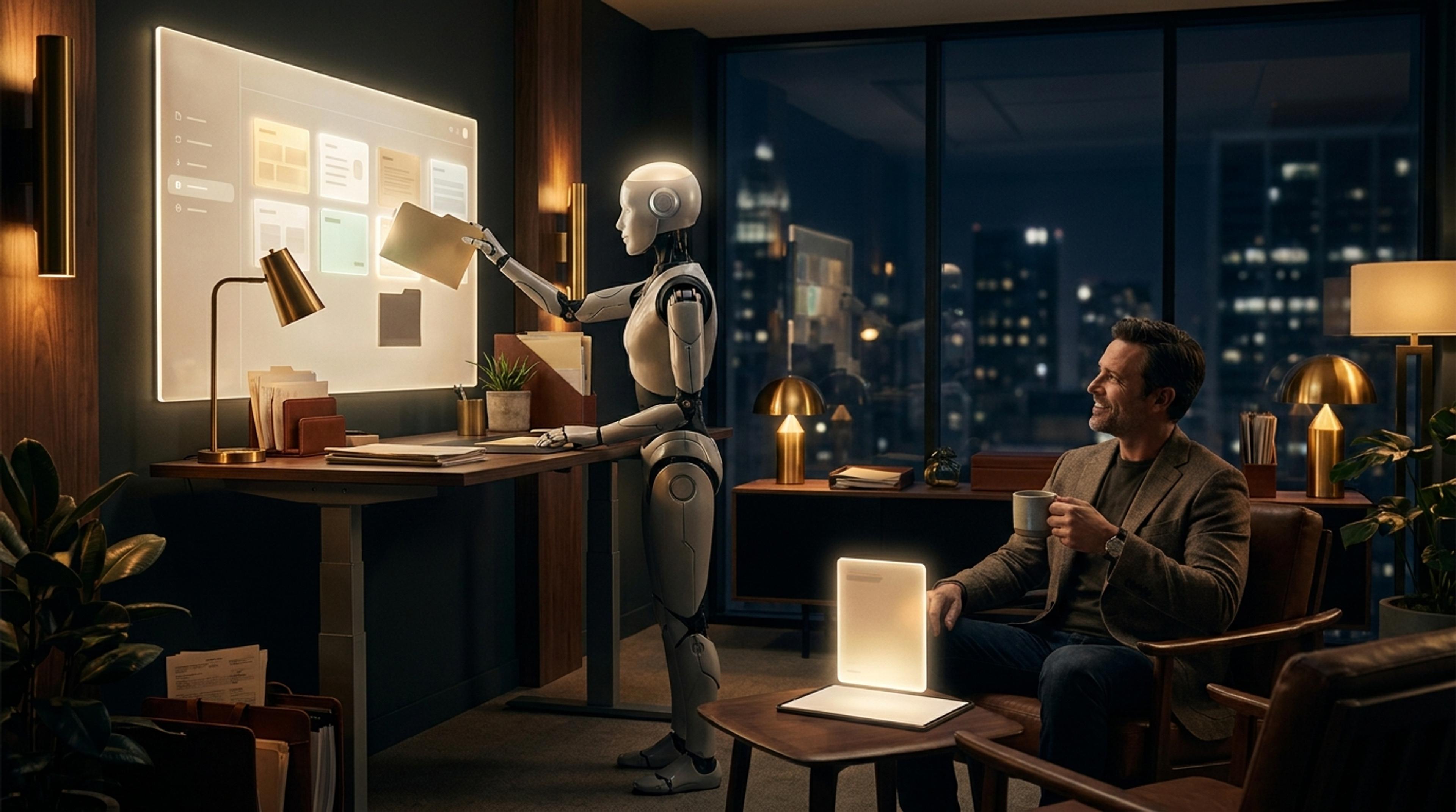 Robot mengurus folder lead, manusia duduk minum kopi