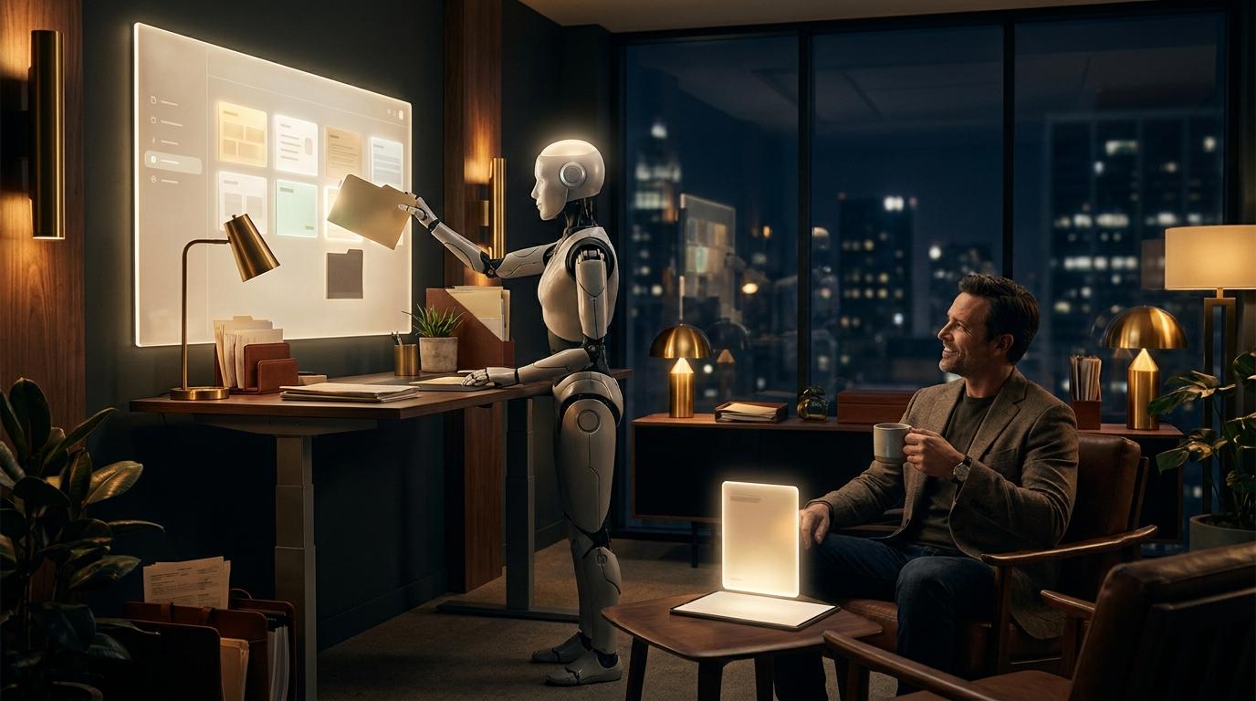 Robot mengurus folder lead, manusia duduk minum kopi