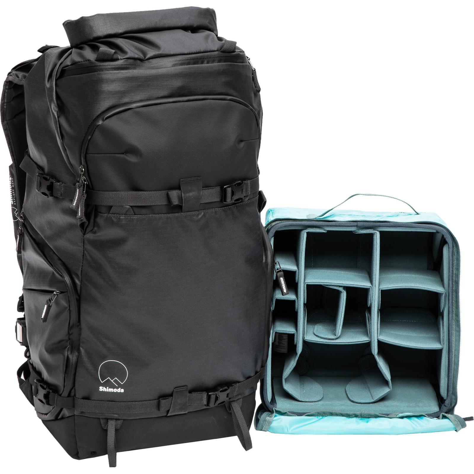 Shimoda Action X50 and Medium DSLR Core unit. The backpack is listed as 8.1” deep, and the core unit is 6.75” deep.