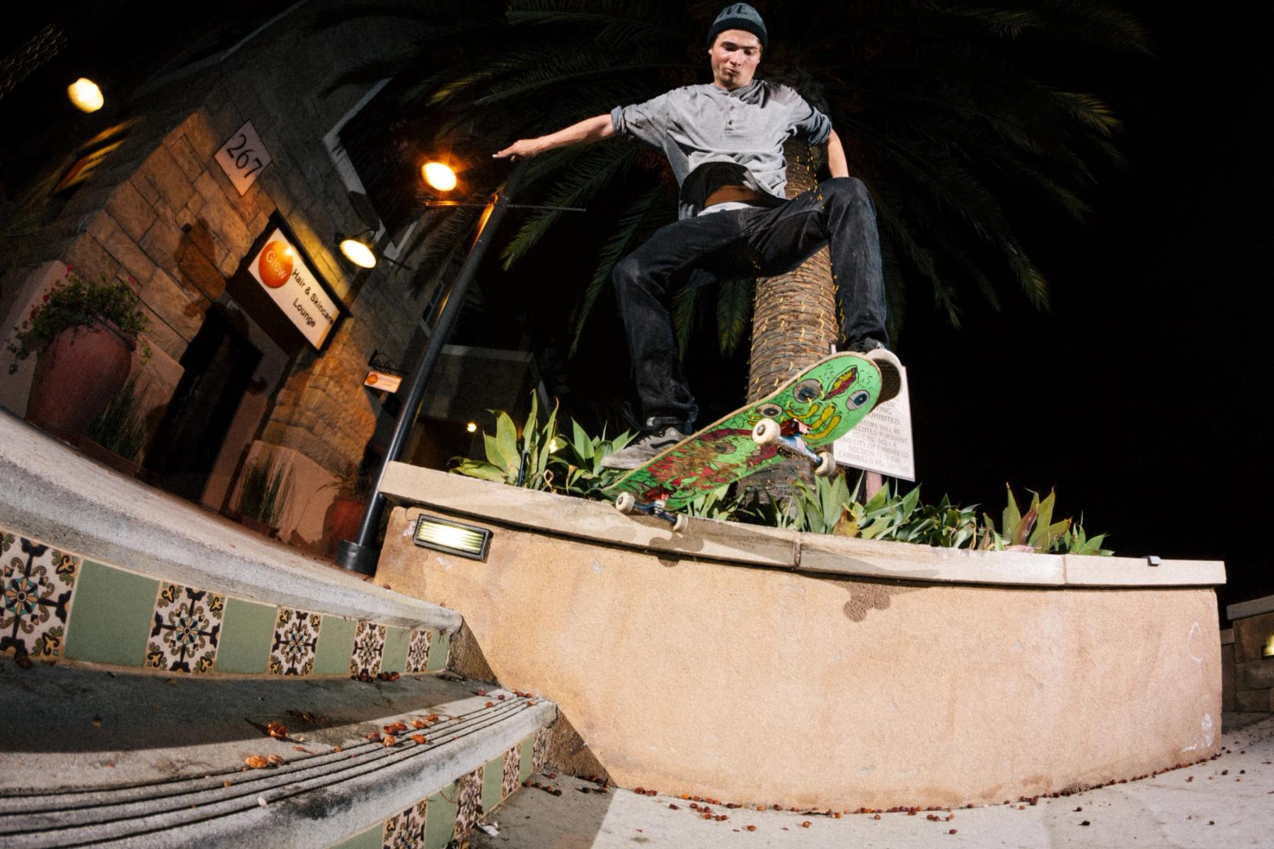 Chad with a kickflip backtail on an underrated Camarillo spot.