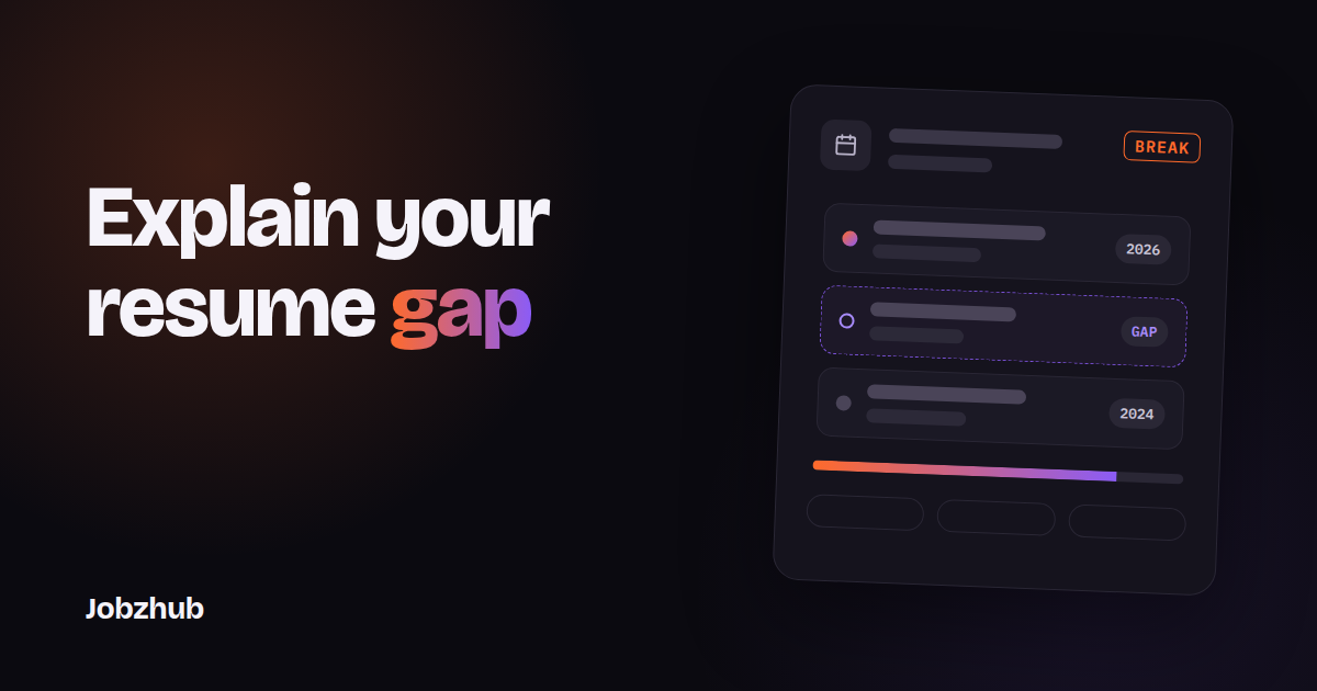 Dark graphic with the headline Explain your resume gap beside an abstract career timeline card with a highlighted break