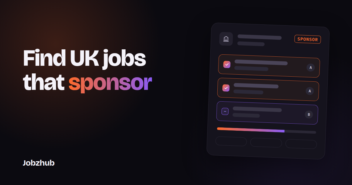 Dark graphic with the headline Find UK jobs that sponsor beside an abstract sponsor register card with rated employer rows