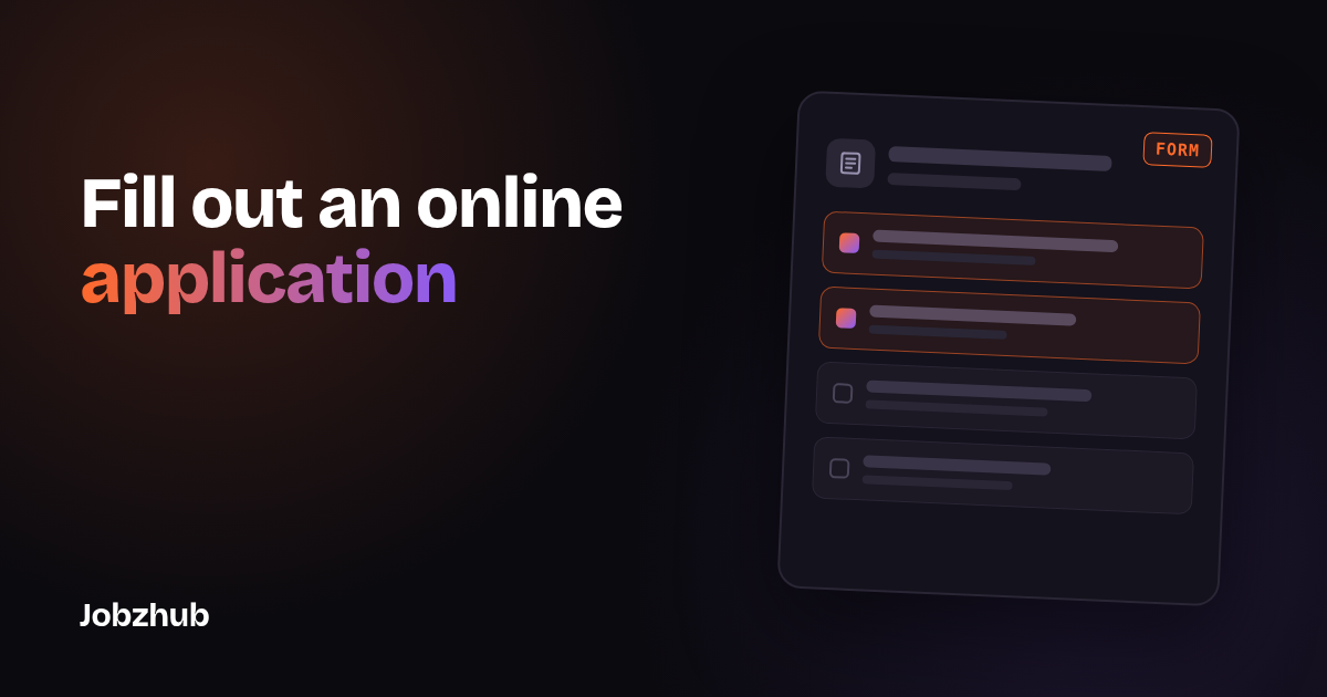 Dark graphic with the headline Fill out an online application beside an abstract portal form checklist card