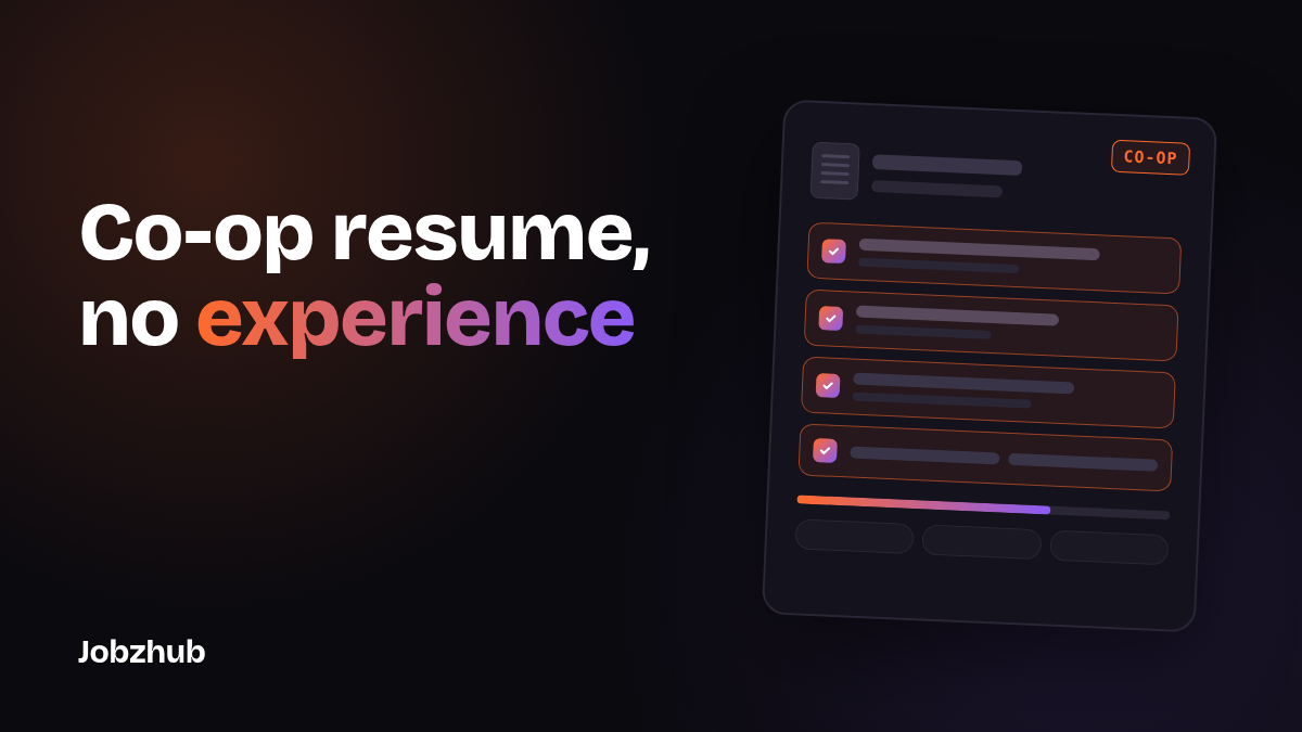Dark graphic reading co-op resume, no experience, beside an abstract resume card with four ticked sections