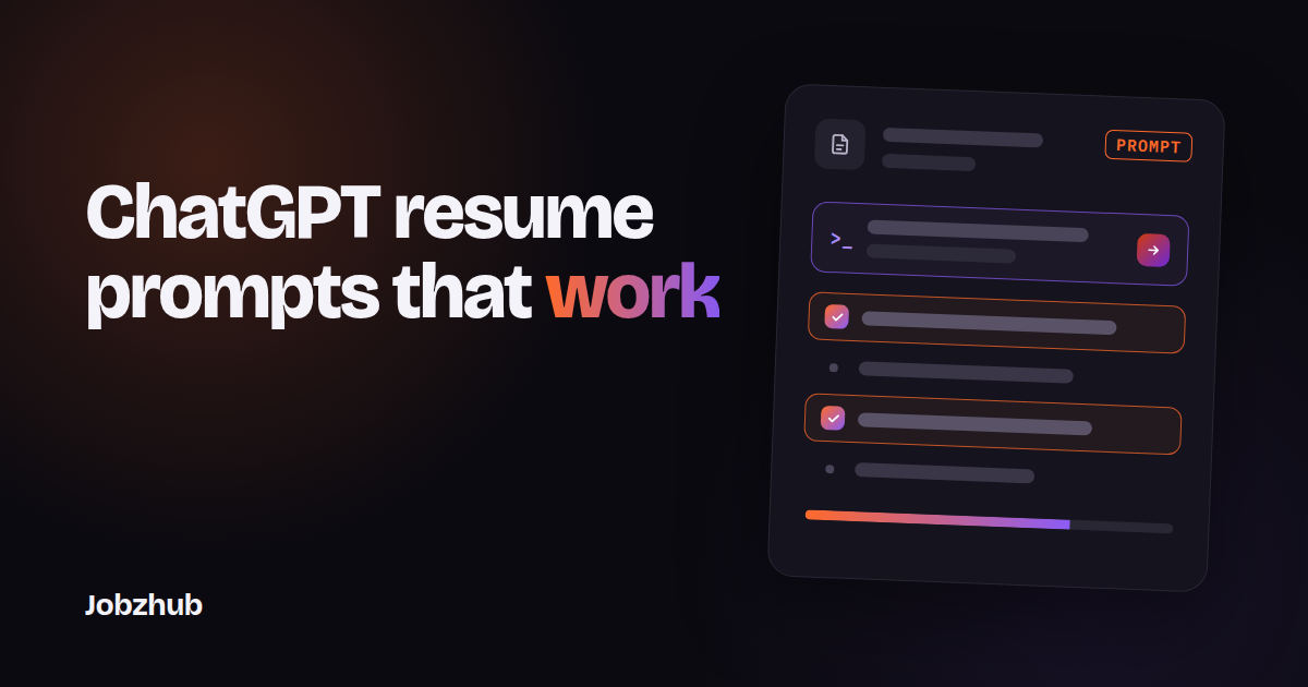 Dark graphic with the headline ChatGPT resume prompts that work beside an abstract prompt box and resume card with highlighted lines