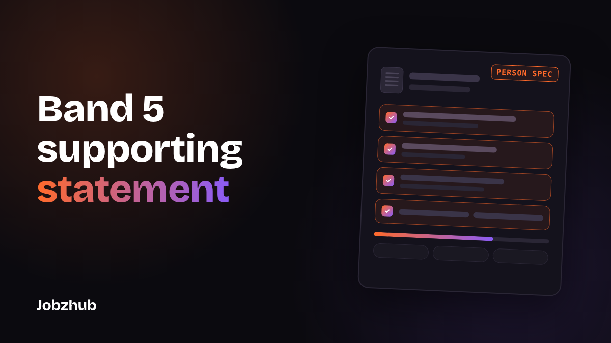 Dark graphic reading Band 5 supporting statement beside a card listing person specification criteria, each with a tick