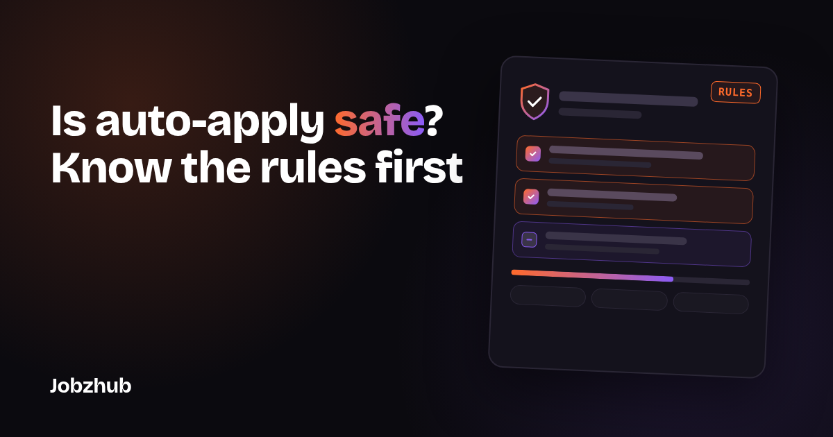 Dark graphic reading Is auto-apply safe beside an abstract card with a shield and a checklist of application rules