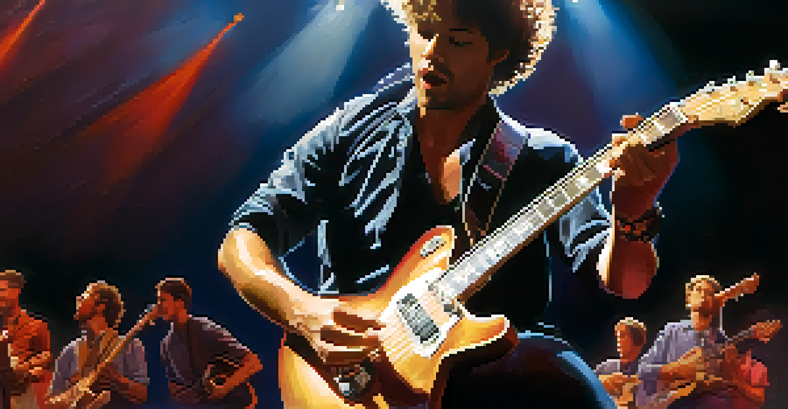 A guitarist performing with body percussion, clapping their thigh while strumming the guitar under bright stage lights.