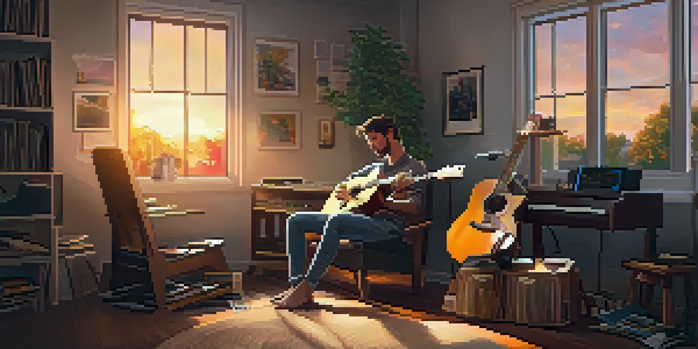 A guitarist in a cozy home studio, surrounded by guitars and music sheets, strumming a guitar while using an AI app on a tablet.