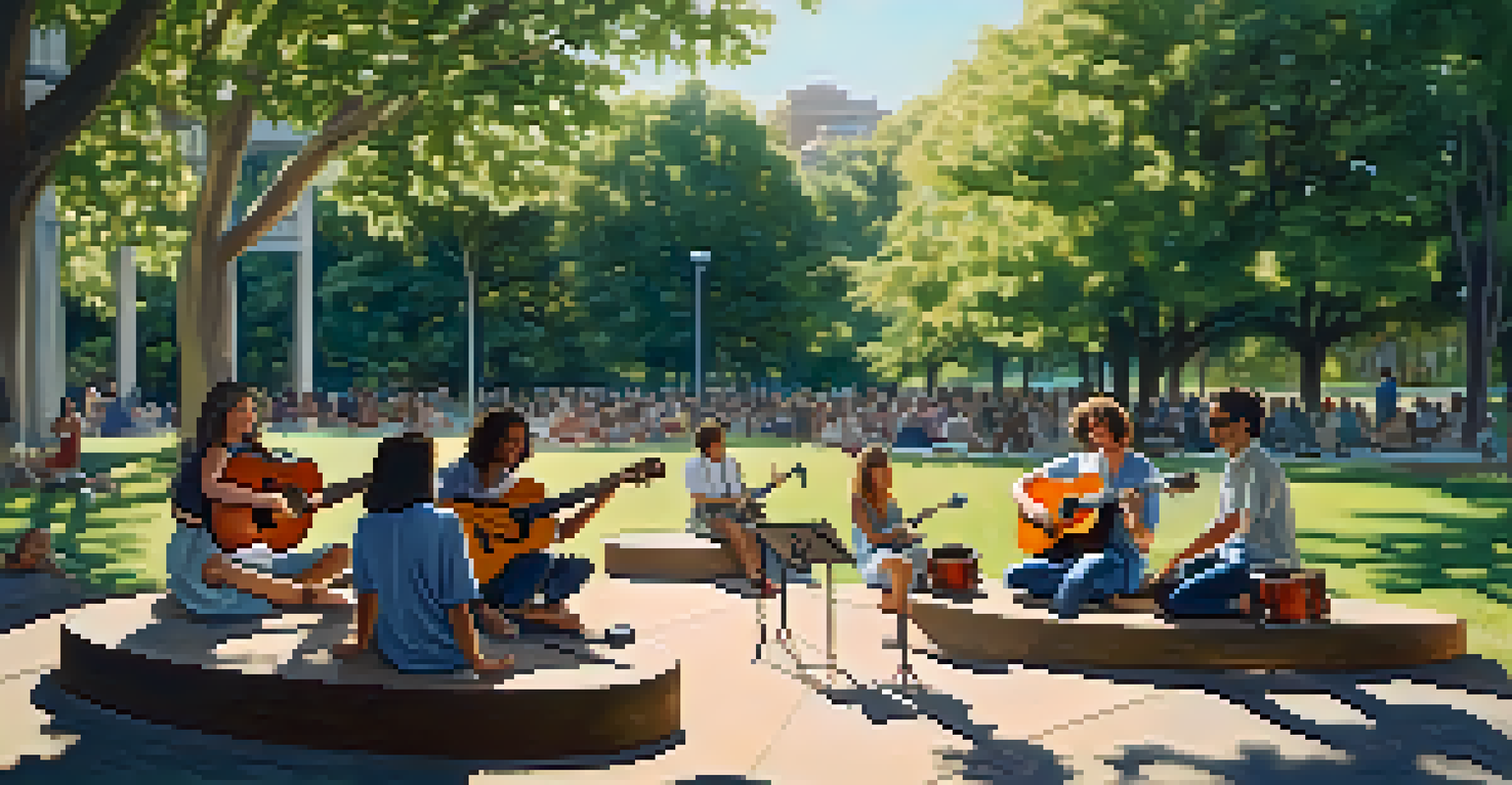 Friends jamming together in a park, playing various musical instruments with sunlight filtering through the trees.
