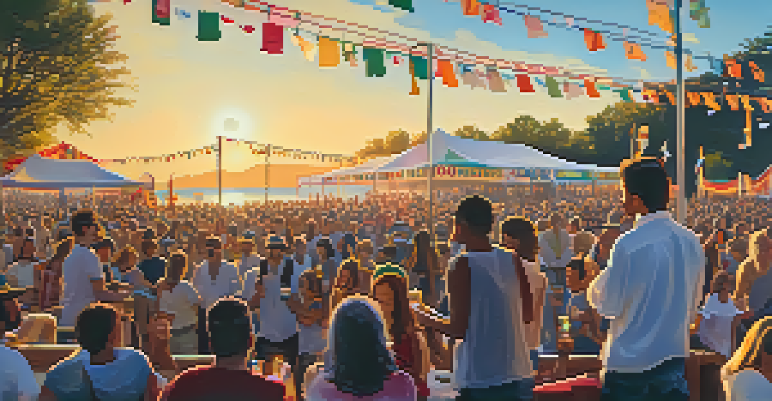 An outdoor music festival at sunset with musicians on stage and a crowd enjoying the performance.