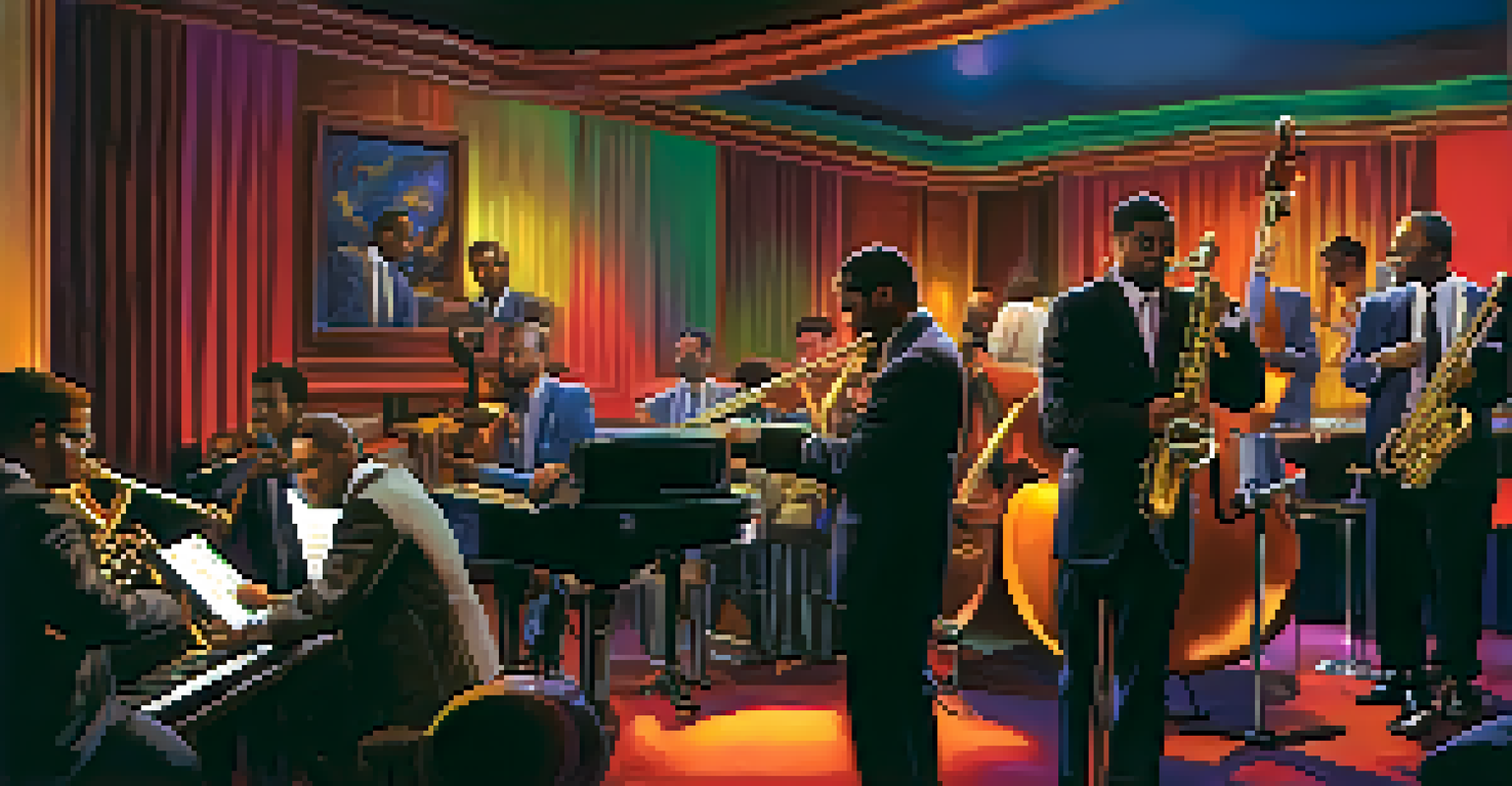 A jazz band performing in a cozy lounge, with musicians playing passionately under colorful ambient lights.