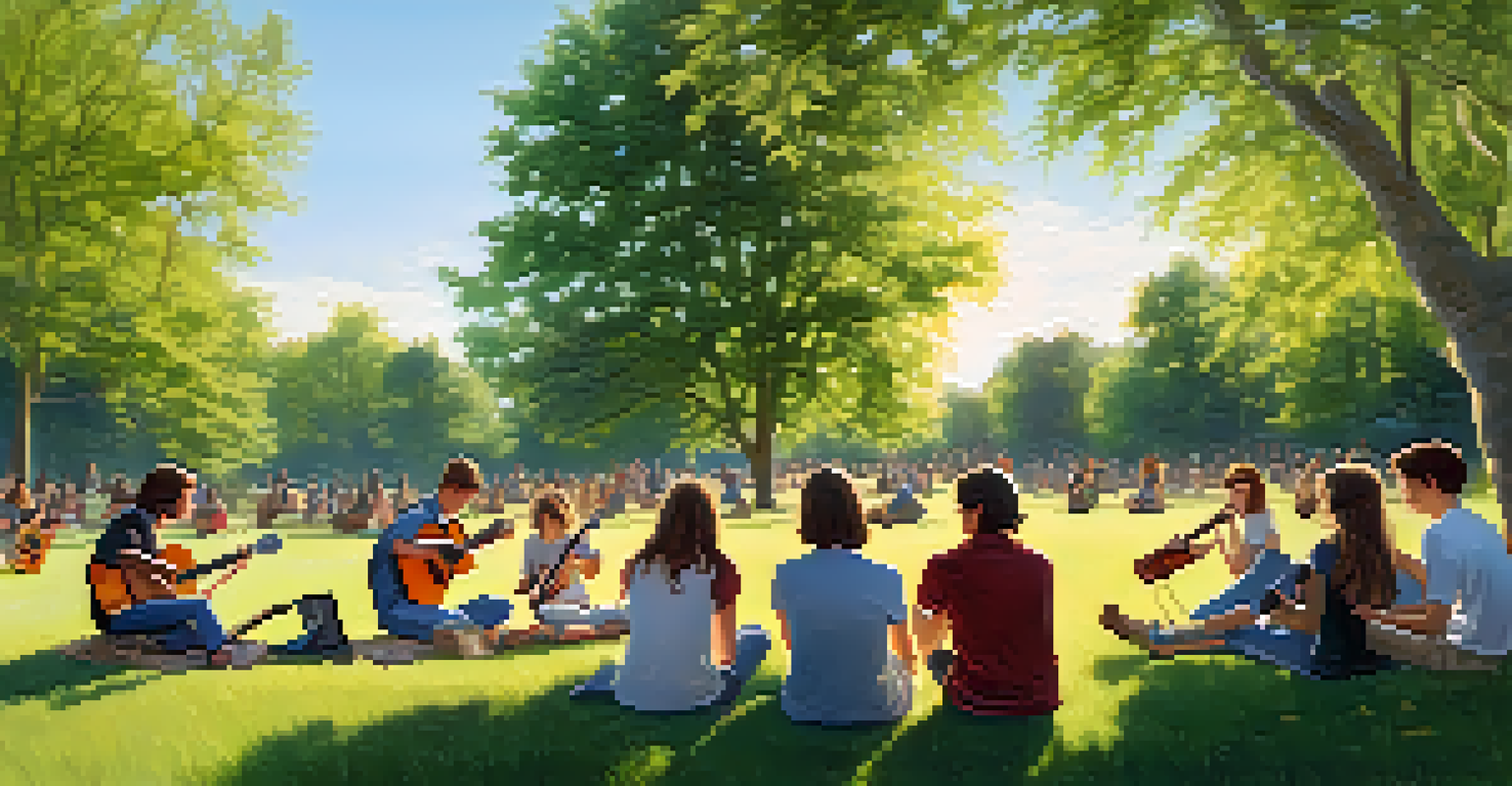 A group of young guitarists practicing in a sunny park, with trees and a small audience around them.